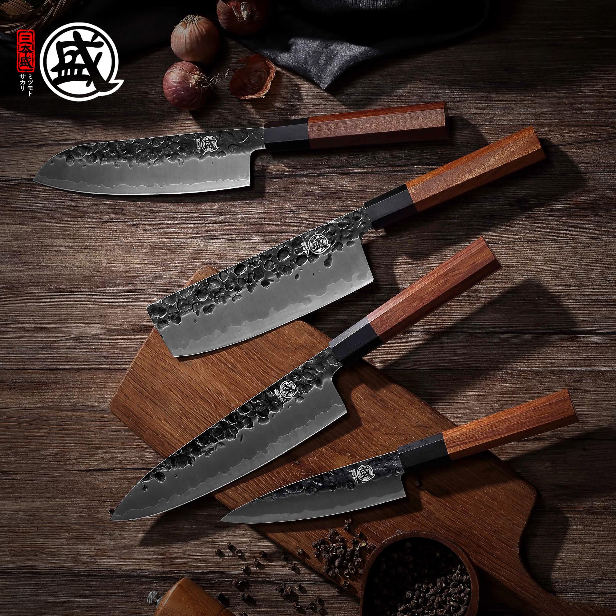 Premium Japanese Chef Knife Set 4 Pcs - Hand Forged High Carbon Steel Kitchen Knives with Rosewood Handle & Sandalwood Gift Box - Ultra Sharp Professional Cooking Knives for Sushi, Meat Cutting & Vegetable Prep