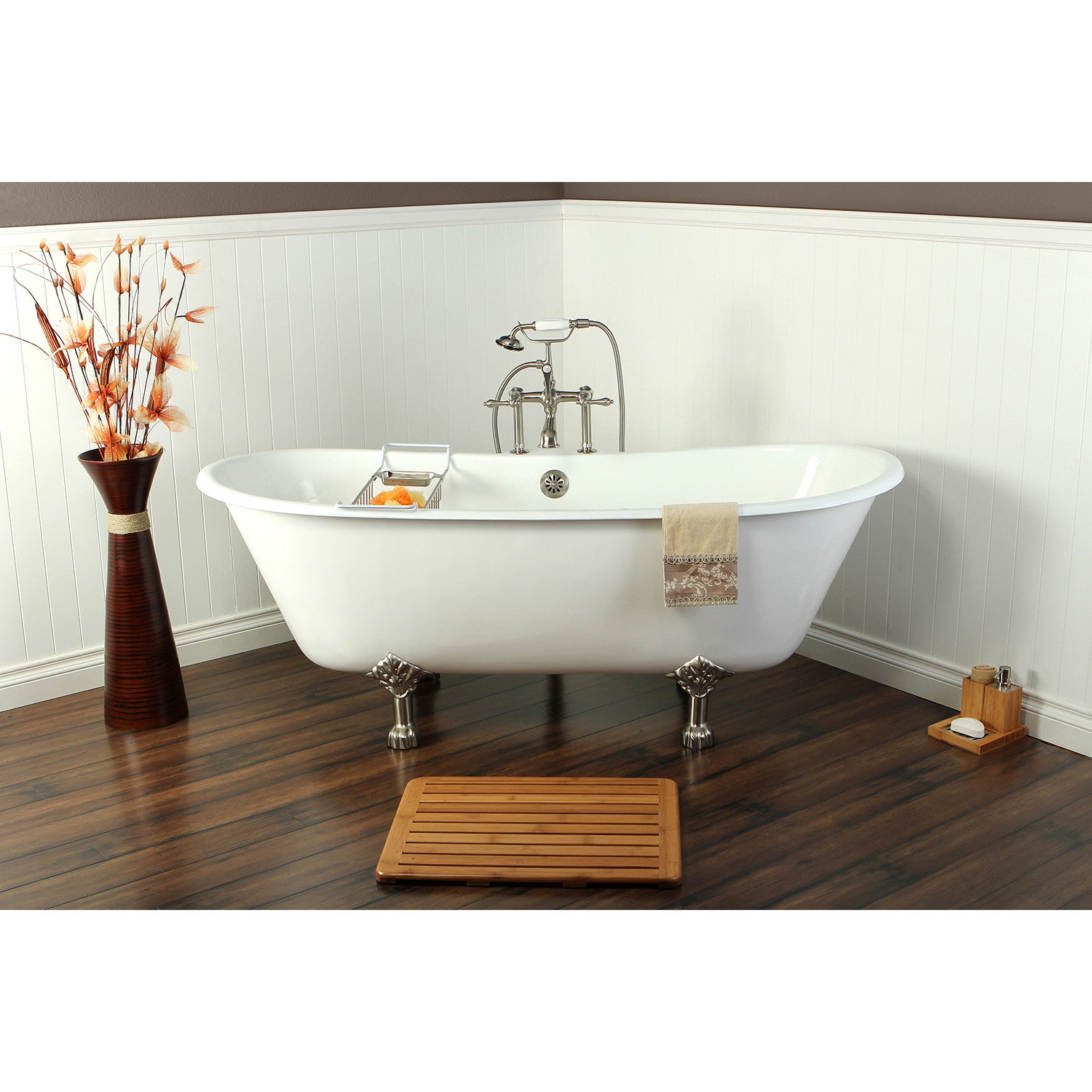 Aqua Eden 67 Inch White Cast Iron Oval Double Slipper Clawfoot Bathtub with Brushed Nickel Faucet Drillings - Vintage Freestanding Soaking Tub for Luxury Bathroom & Spa Relaxation