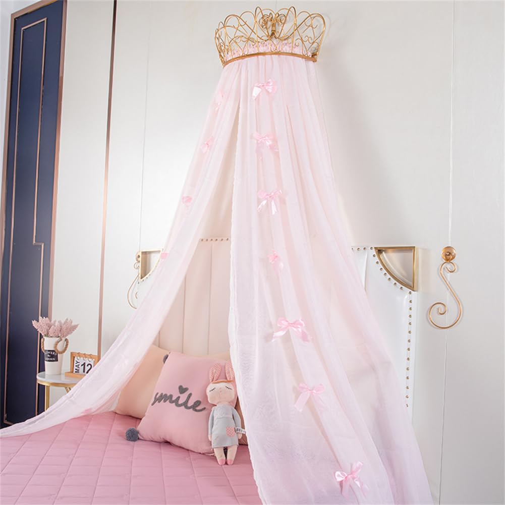 Lotus Karen Princess Bed Canopy - Pink Chiffon Girls Bed Curtain with Metal Crown & Bow Knots, Decorative Drapery for Kids Room, Perfect for Princess-Themed Bedrooms & Birthday Decorations