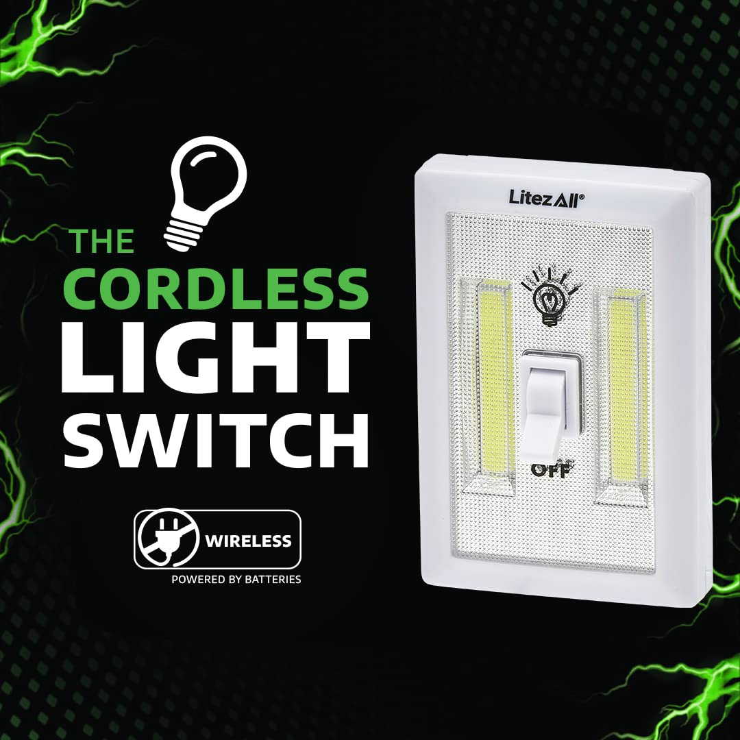 LitezAll COB LED Light Switch Night Light - 200 Lumen Wireless Wall Switch Light with Battery, 12 Pack (Batteries Included) - Perfect for Bedroom, Hallway, Staircase & Bathroom Night Lighting