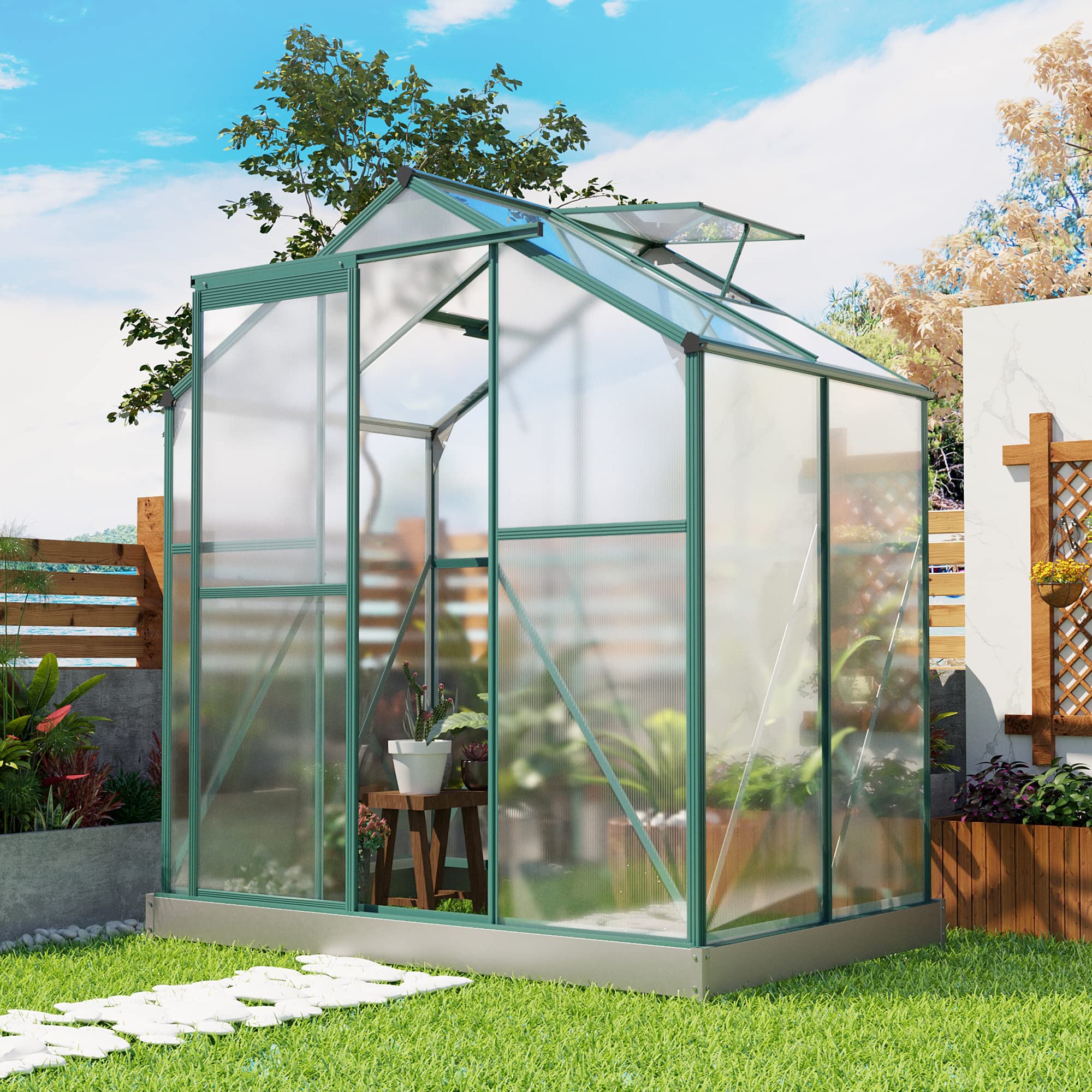 6.2 x 4.3 FT Upgraded Walk-in Polycarbonate Greenhouse with 2 Ventilation Windows & Aluminum Base - Durable Hobby Greenhouse with Sliding Door for Patio, Garden & Backyard - Perfect for Growing Vegetables, Flowers & Herbs Year-Round