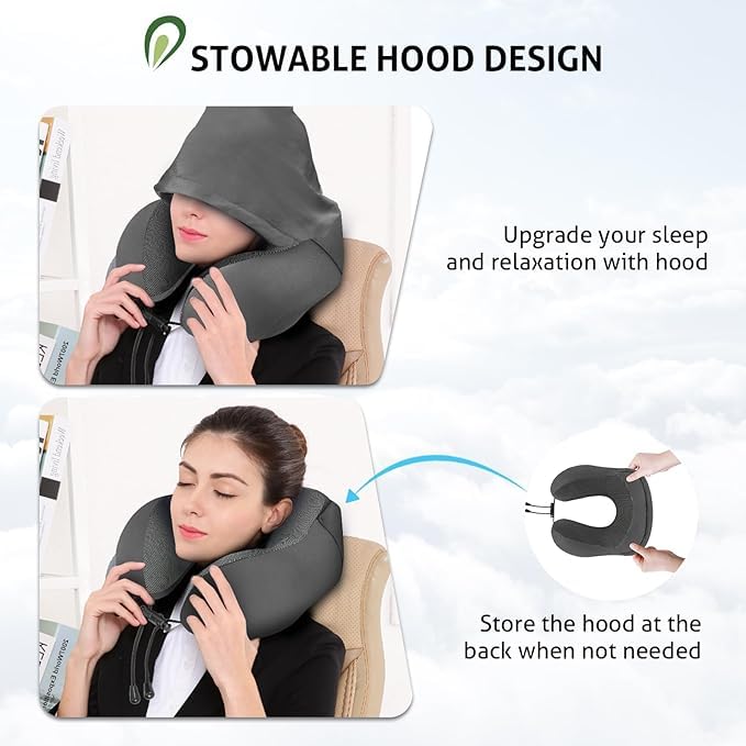 Jukmen Memory Foam Travel Pillow for Neck Support - Hooded & Comfortable Neck Pillow for Adults - Perfect for Airplane, Car, Train Travel - Flight Pillow with Hoodie for Long Trips & Relaxation
