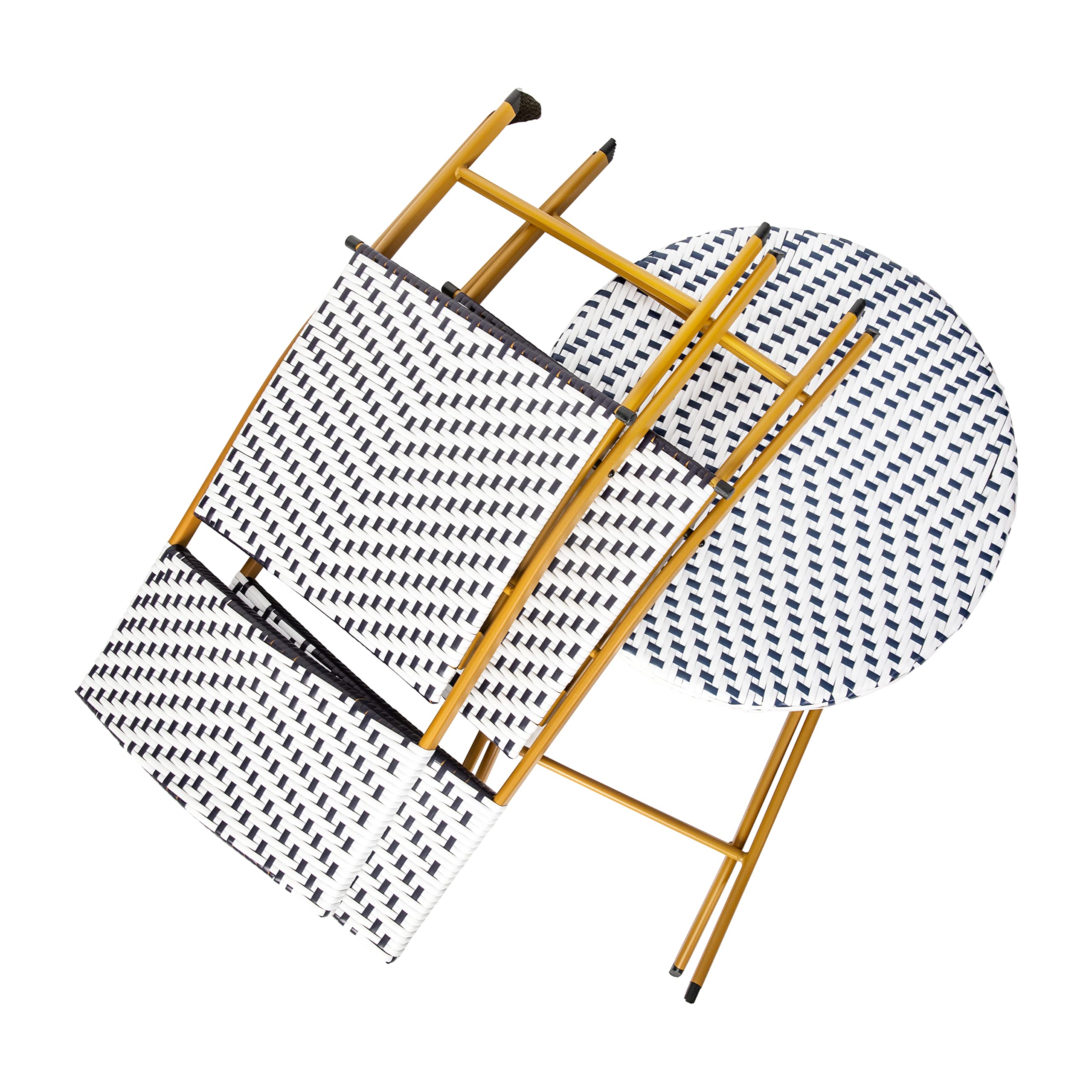 Flash Furniture Rouen Commercial Grade Folding Bistro Set - 3 Piece Indoor/Outdoor PE Rattan Table with Navy/White Cushions & Natural Steel Frame | Perfect for Patio, Garden, Cafe, Restaurant Outdoor Dining