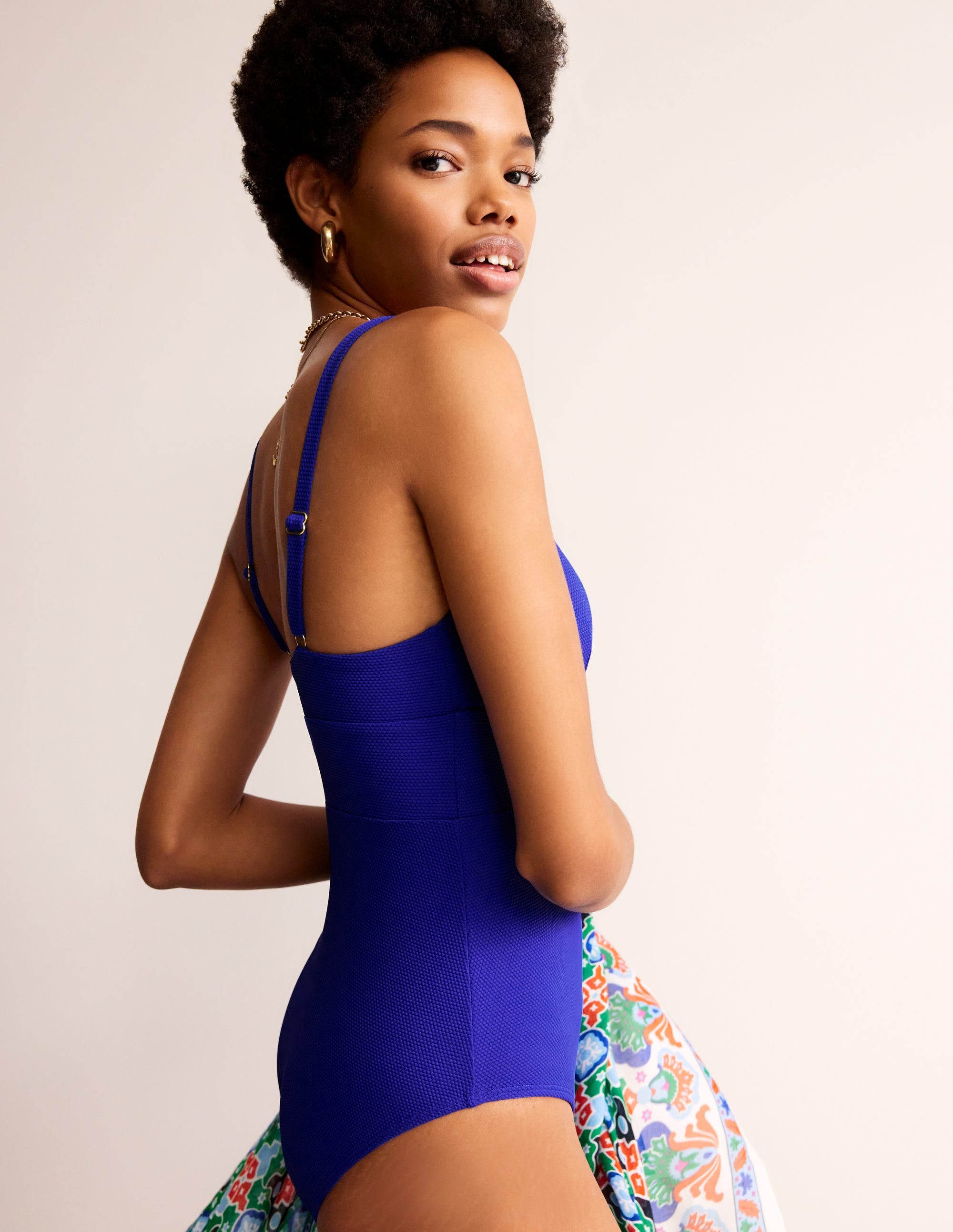 Arezzo V-Neck Panel Swimsuit for Women - Textured Blue Surf Print One-Piece Bathing Suit - Perfect for Beach Vacations, Pool Parties & Summer Getaways