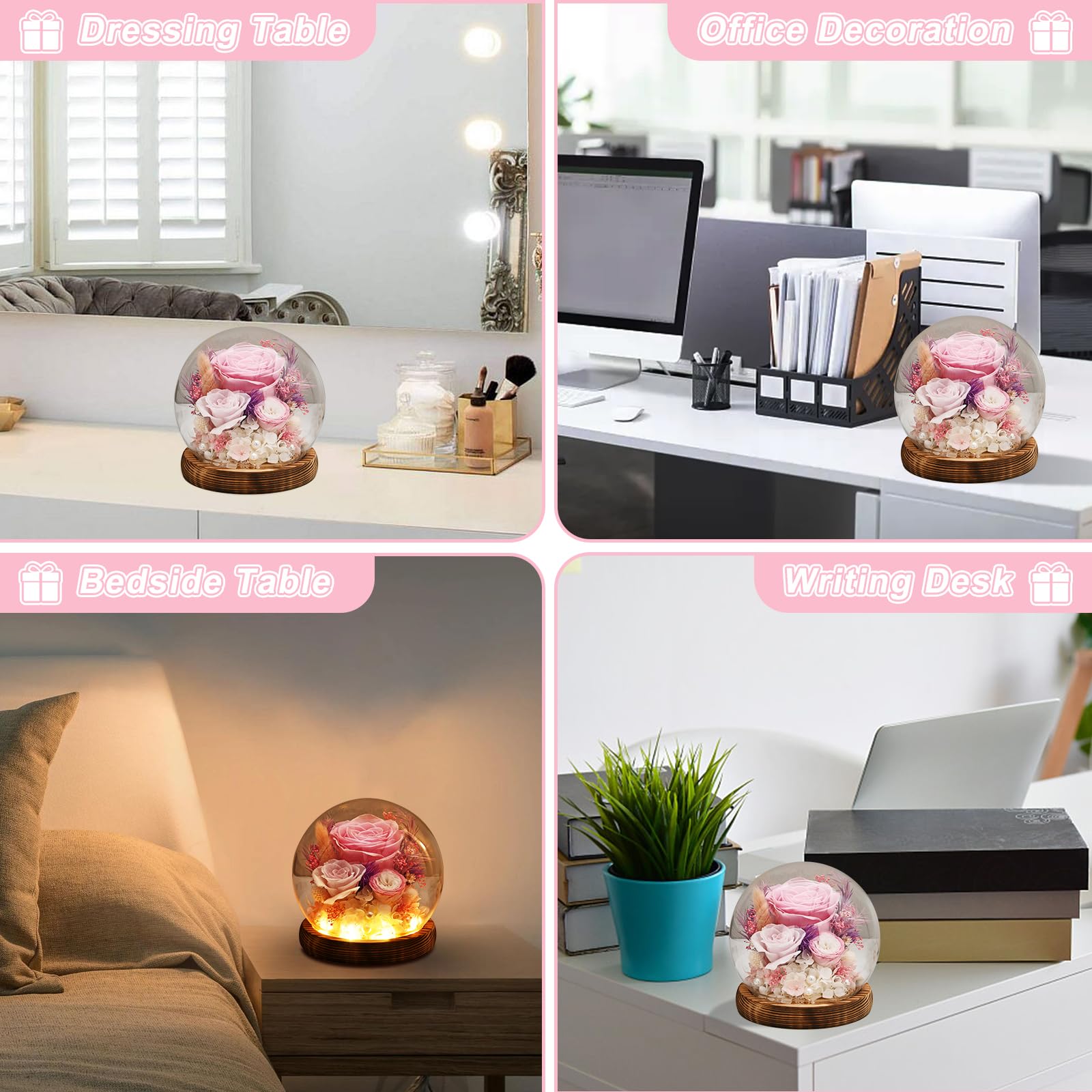 Preserved Roses in Glass Dome with LED Light - Perfect Gift for Women, Mom, Grandma - Mother's Day, Birthday, Valentine's Day Present (Pink) | Home Decor, Wedding Centerpiece, Romantic Keepsake