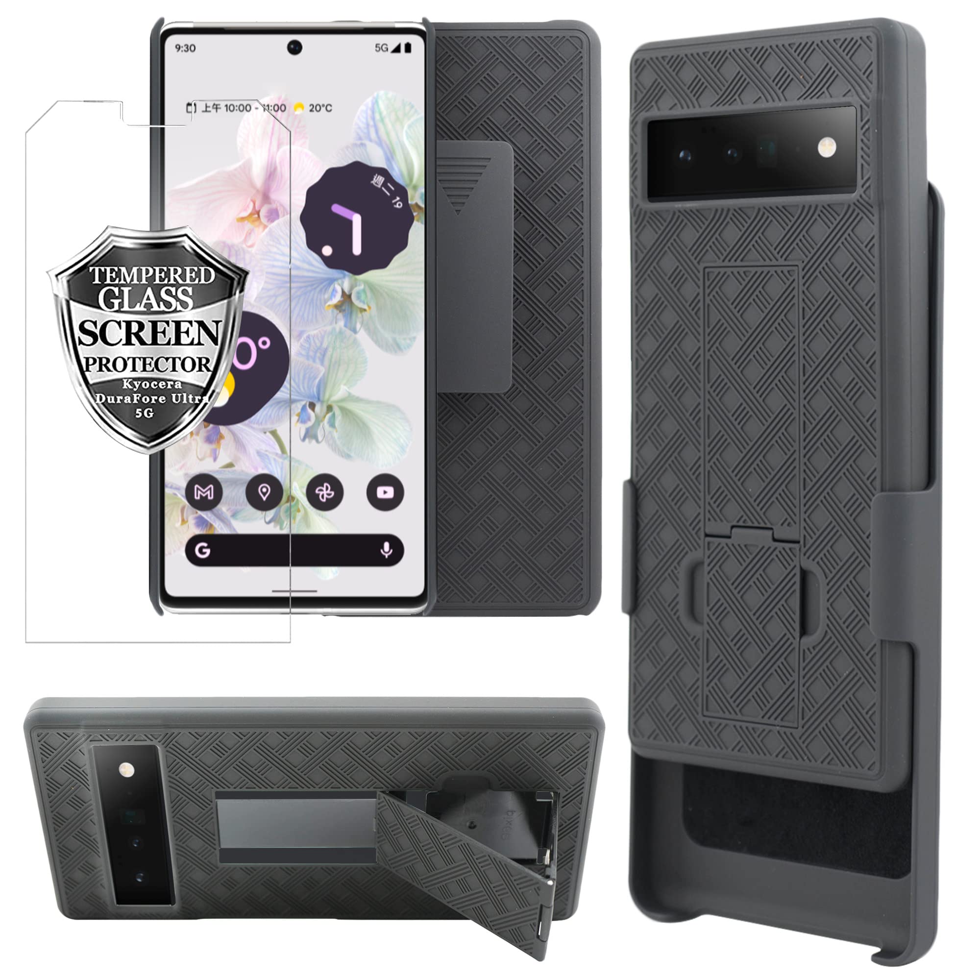 Google Pixel 6 Pro Case with Screen Protector - Military Grade Shockproof Phone Cover, Slim Holster with Belt Clip & Kickstand - Heavy Duty Protection for Work, Travel & Outdoor Activities (Black)