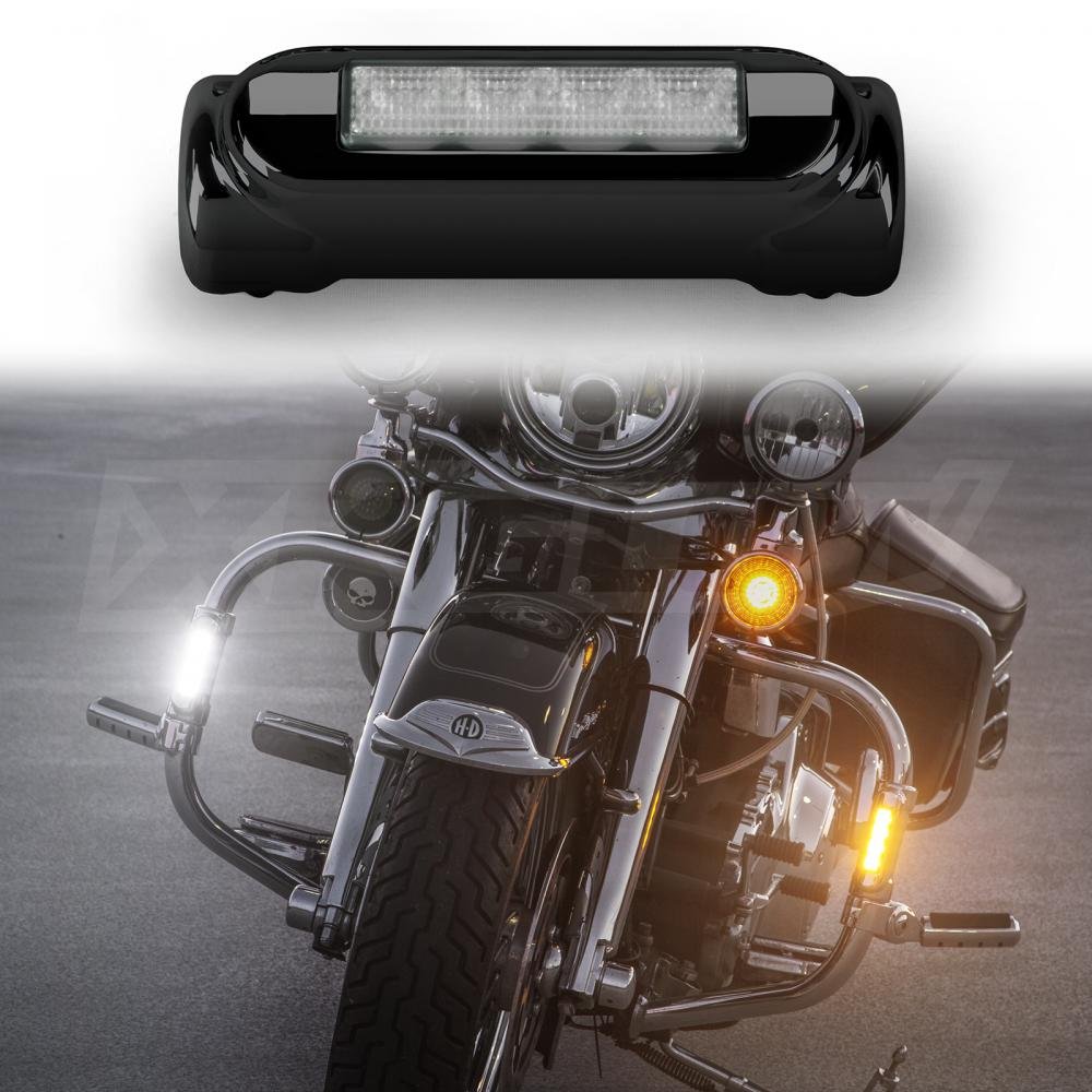 Black Motorcycle Highway Bar LED Driving Lights - DRL & Turn Signal with White/Amber Light for Harley Davidson Touring Bikes (Ultra Classic, Limited, Road King, Street Glide, Road Glide, Trike) - Perfect for Night Riding, Safety Visibility & Custom Crash Bar Upgrades