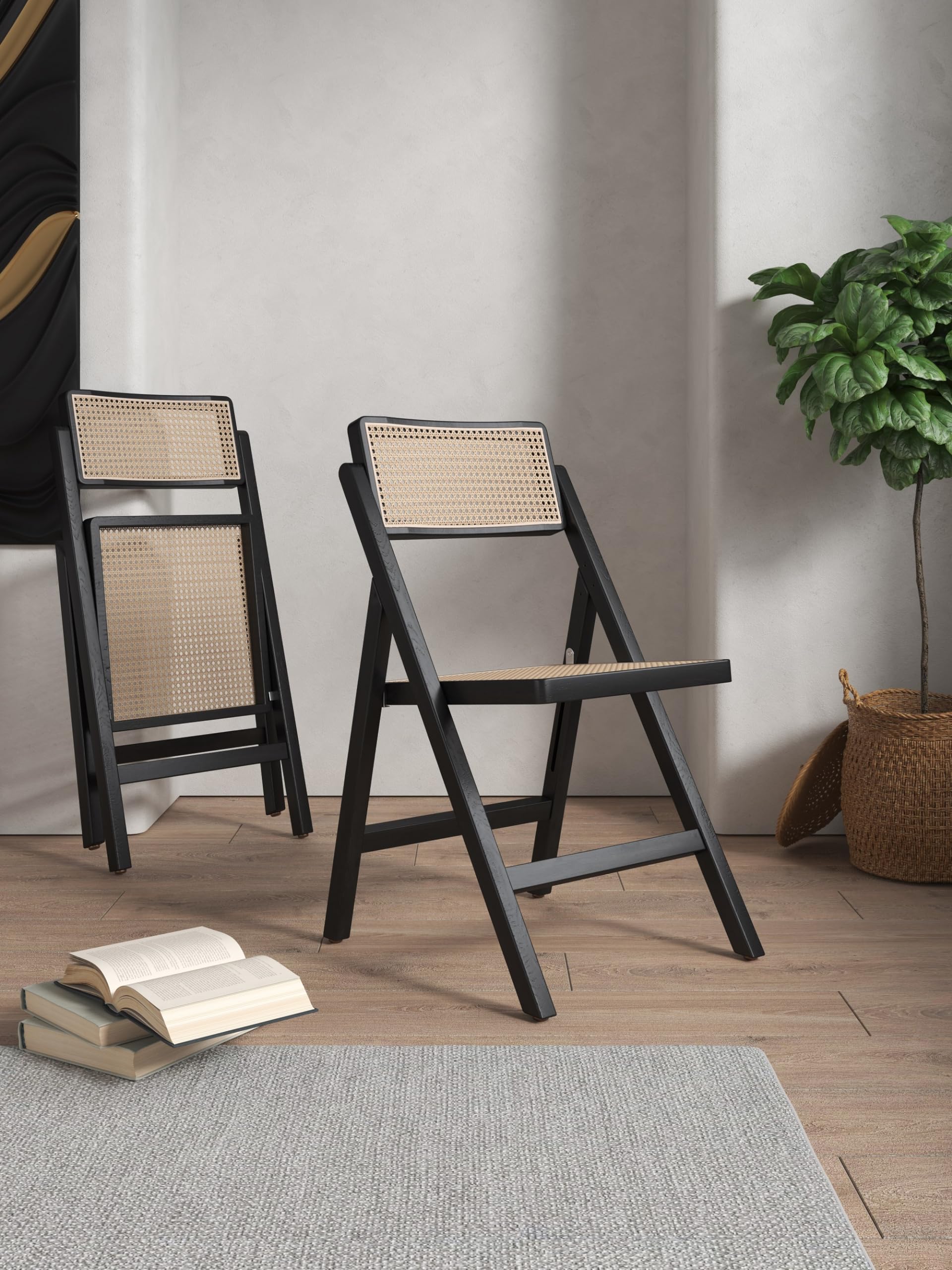 Manhattan Comfort Pullman Folding Rattan Wicker Cane Side Outdoor Dining Chair - Set of 2 in Black/Natural - Perfect for Dining Room, Patio, Restaurant, Bistro, Cafe and Pub - Ideal for Small Spaces, Outdoor Entertaining & Compact Seating Solutions