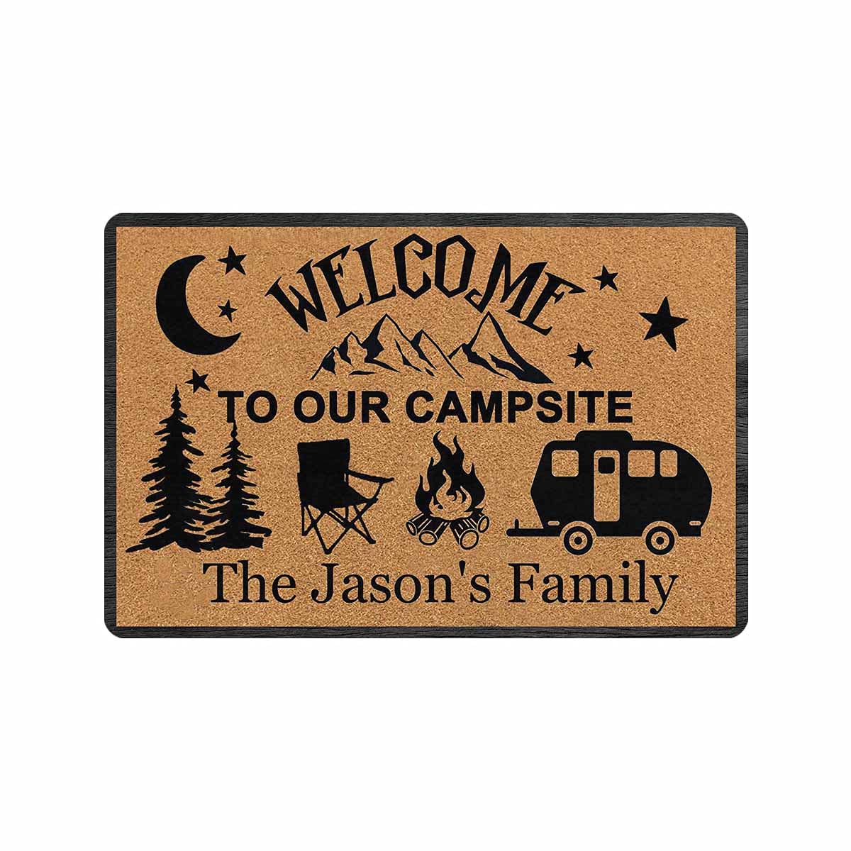 Custom Personalized Camping Doormat - Welcome to Our Campsite with Mountain Tree Design | Non-Slip Indoor/Outdoor Entrance Mat 24x16 Inch | Perfect for RV, Cabin, Tent & Home Decor