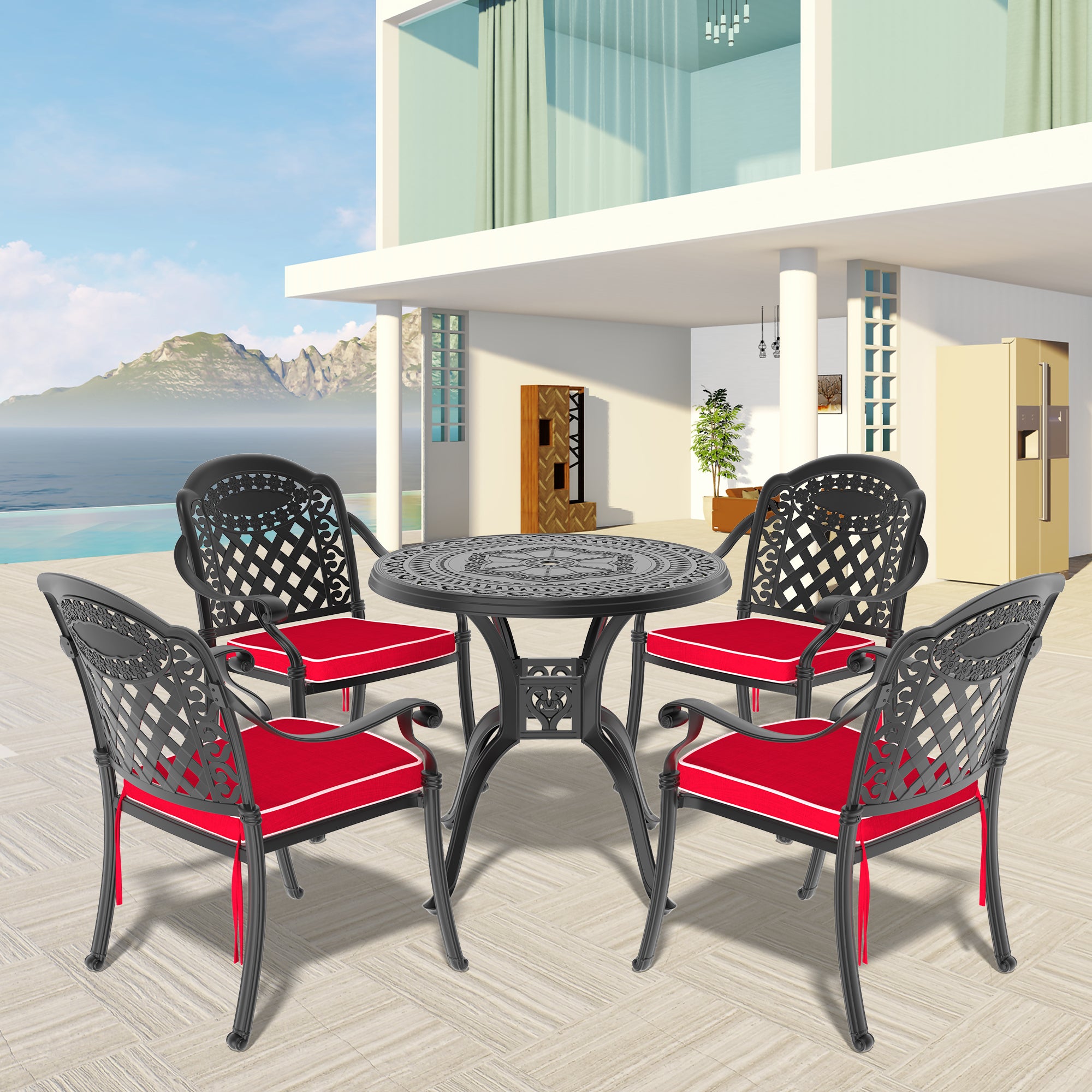5-Piece Cast Aluminum Patio Furniture Set with Cushions - Outdoor Dining & Lounge Chairs for Garden, Poolside, or Backyard Relaxation (Random Color Cushions Included)
