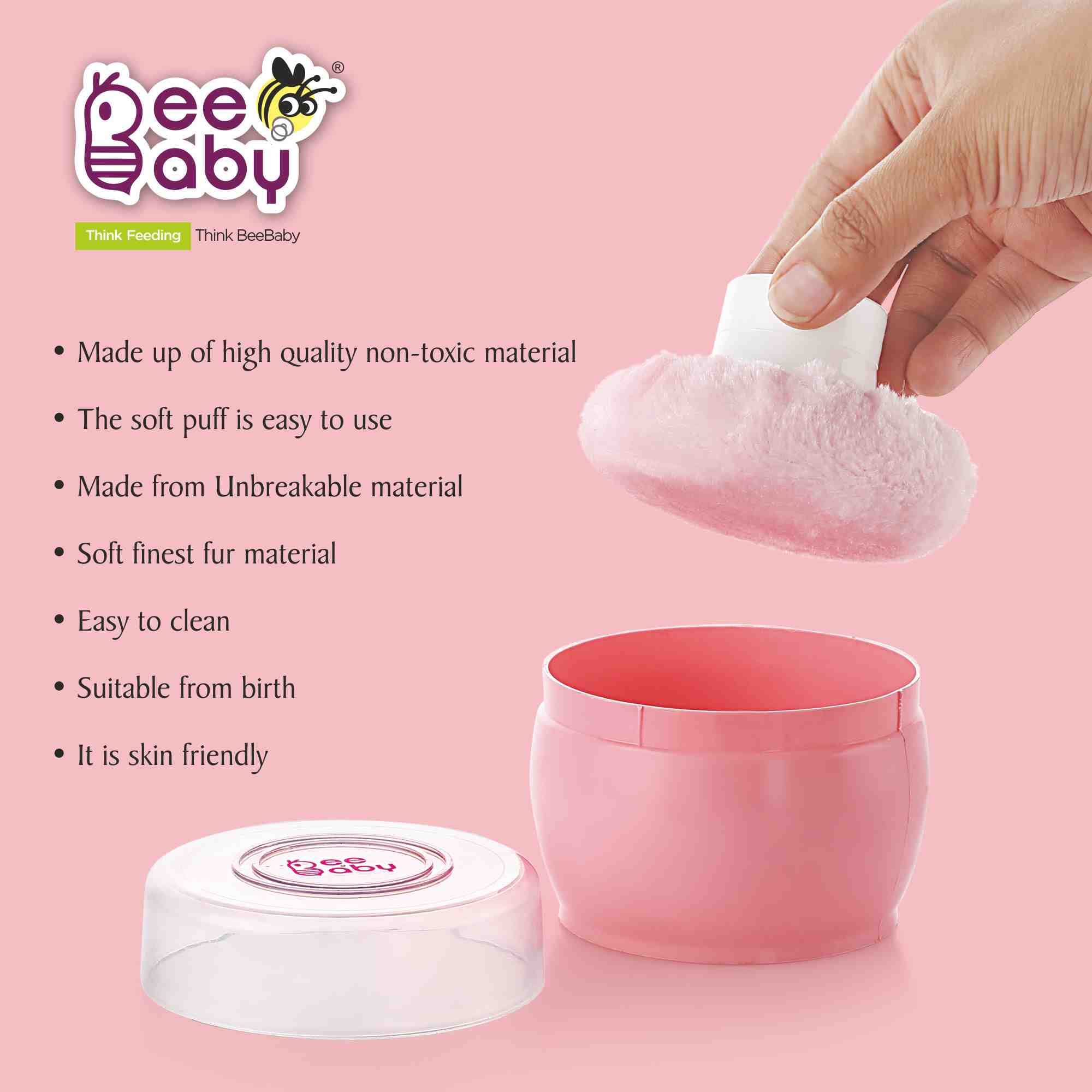 BeeBaby Premium Baby Powder Puff with Container - Soft & Gentle for Newborns & Infants (Pink, 1-Pack) | Ideal for Diaper Changes, Baby Care & On-the-Go Use