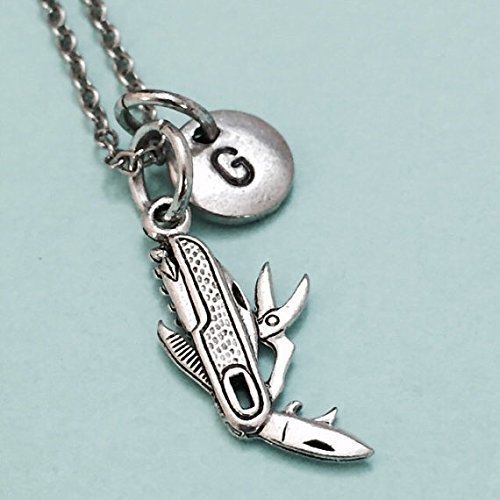 Swiss Army Knife Necklace - Personalized Initial Charm with Monogram for Boyscout & Outdoor Enthusiasts | Perfect for Camping, Hiking & Adventure Gifts