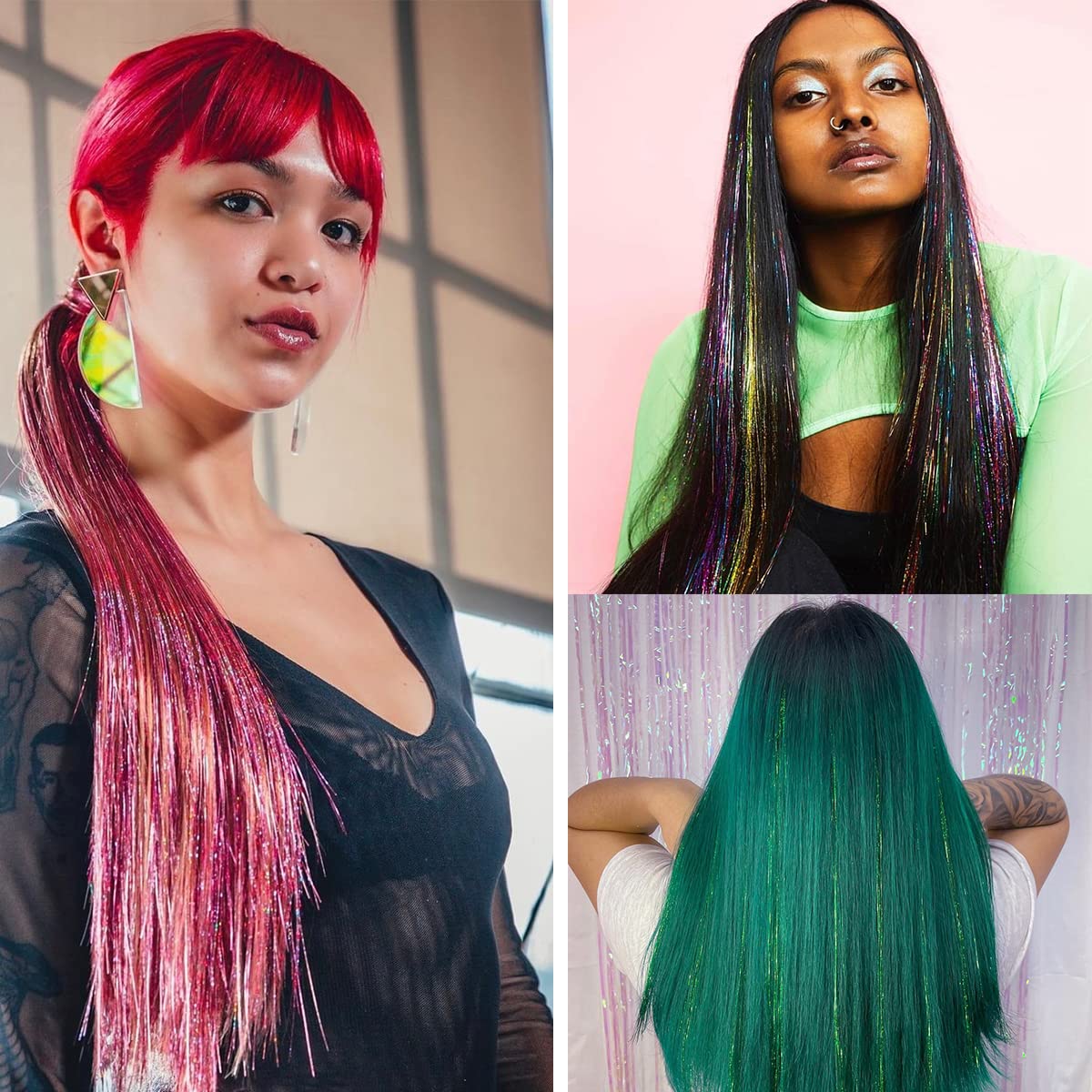 12 Colors Hair Tinsel Kit with Tool - 3000 Strands Shiny Fairy Hair Extensions for Glitter Party Highlights, Multi-Colors Hair Tinsel (45
