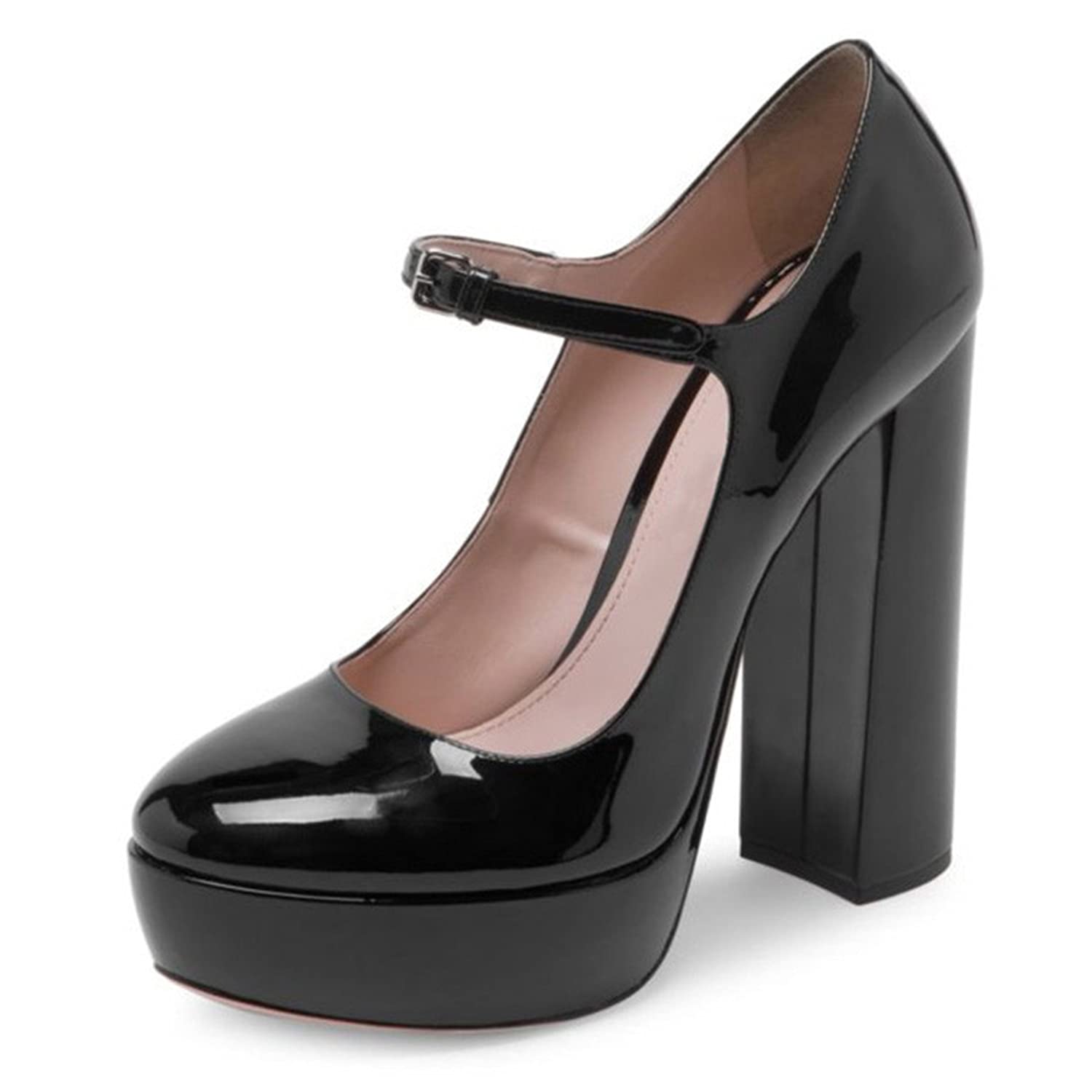 FOWT Women's Black Round Toe Chunky Heel Platform Pumps - Adjustable Mary Jane Strap with Silver Buckle - Patent Leather Dress Shoes for Party, Work & School - US Sizes 4-16 | Comfortable Office Heels for Women