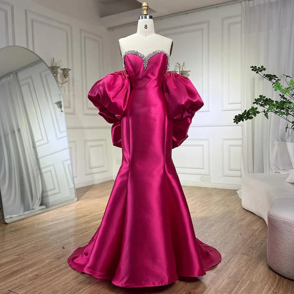 Serene Hill Fuchsia Mermaid Mikado Satin Balloon Sleeve Evening Gown for Women - Elegant Wedding Party Dress 2025 LA71923 | Perfect for Prom, Bridesmaid, and Formal Events