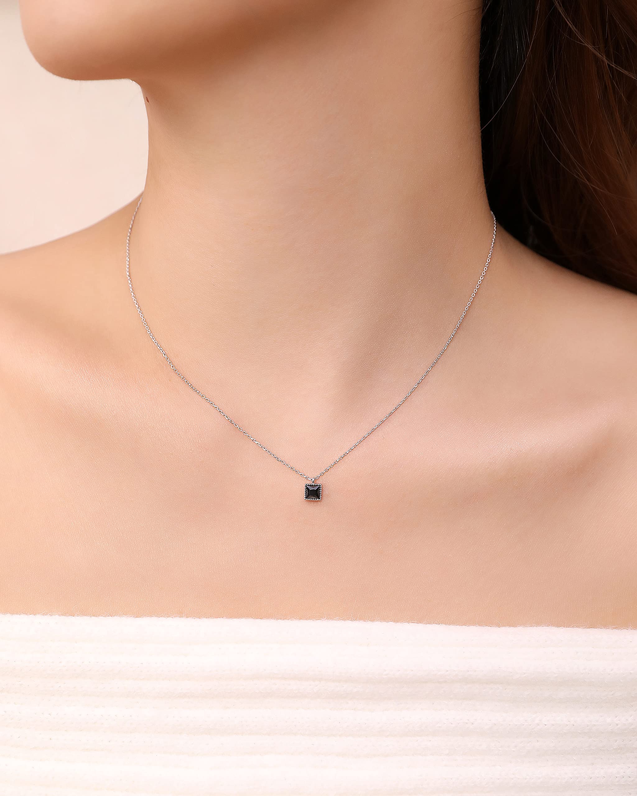 925 Sterling Silver Little Square Necklace with Black Stone - Dainty Stackable Layering Choker for Women | Perfect Birthday Gift & Everyday Jewelry for Casual or Formal Occasions