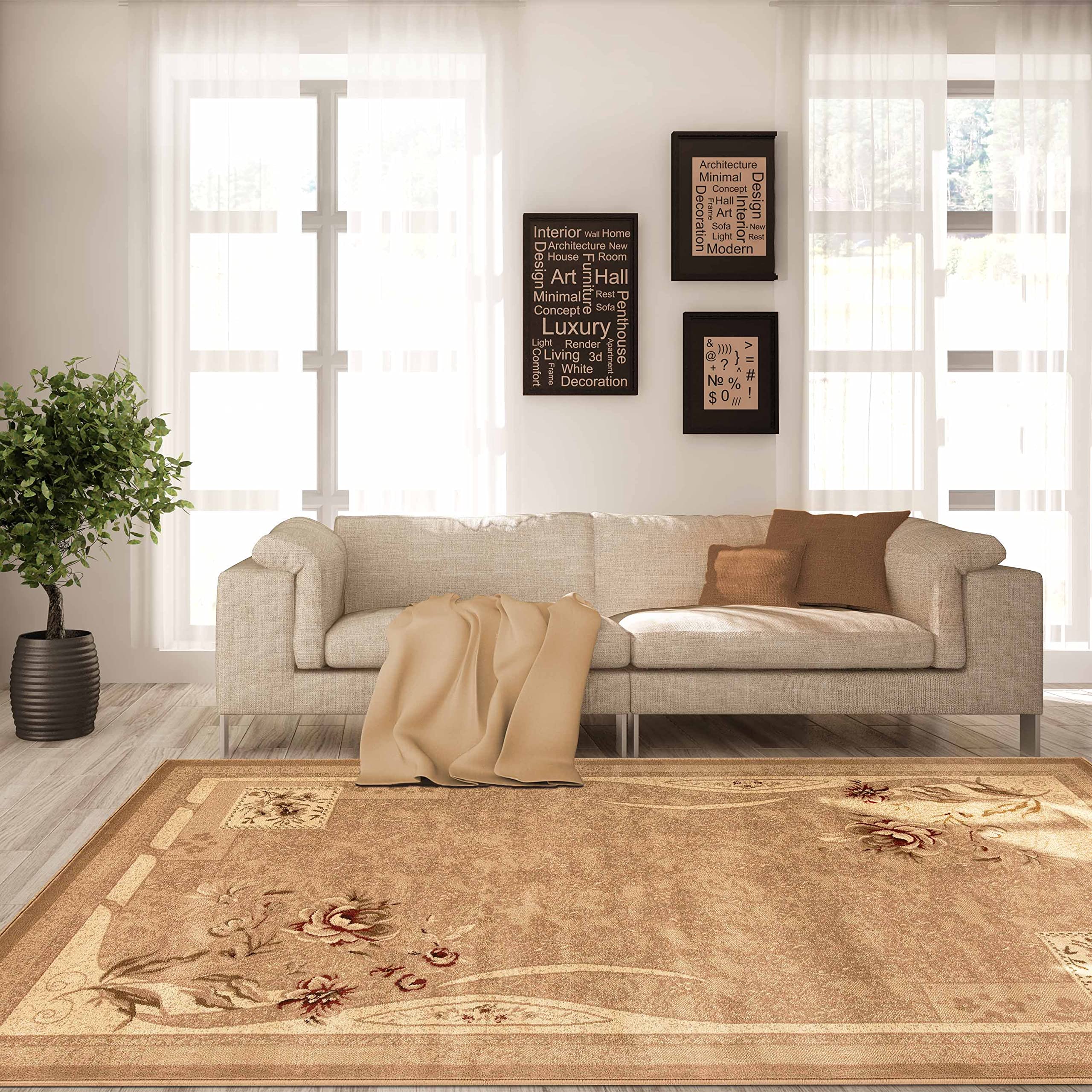 Premium Jute-Backed Plush Area Rug - Modern Farmhouse Floral Design for Living Room, Bedroom, Entryway - Soft & Durable 7' x 9' Brown Indoor Carpet - Perfect for Cozy Home Decor & High-Traffic Areas (Ruban Collection)