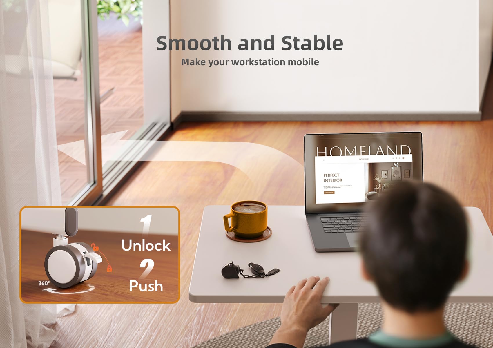 Claiks Adjustable Mobile Standing Desk - Compact Rolling Workstation with Wheels & Pneumatic Height Adjustment, White - Perfect for Home Office, Study & Small Spaces
