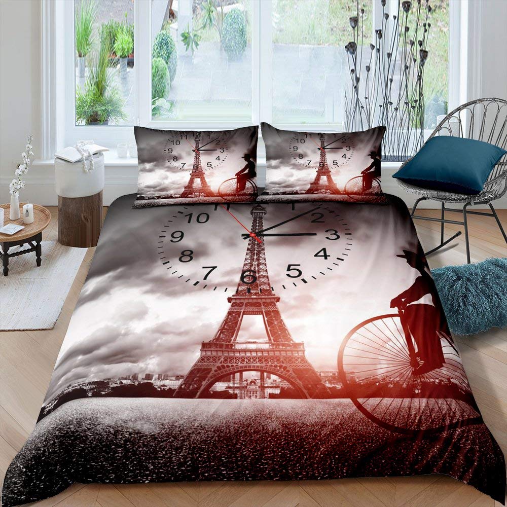 Eiffel Tower Duvet Cover Set - Paris France Themed Luxury Grey Bedding for Twin Bed | Famous City Scene Quilt Cover for Adults & Girls | Retro Decor for Bedroom, Dorm, or Gift