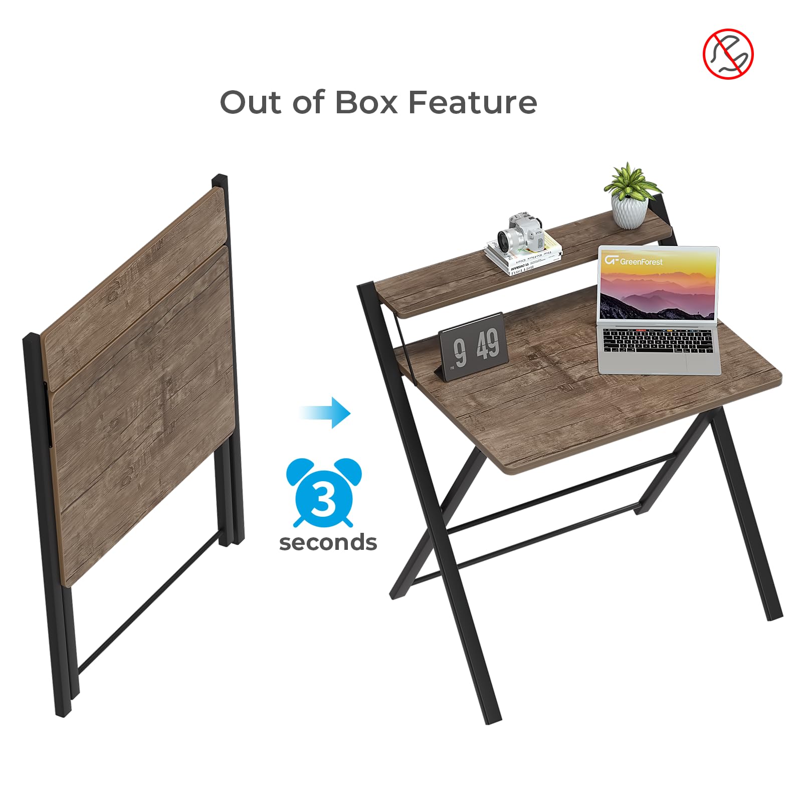 GreenForest Folding Computer Desk - No Assembly Required, 2-Tier Design with Shelf, Space-Saving Small Foldable Desk (32 x 24.5 inches, Brown) - Perfect for Home Office, Dorm Room & Small Spaces