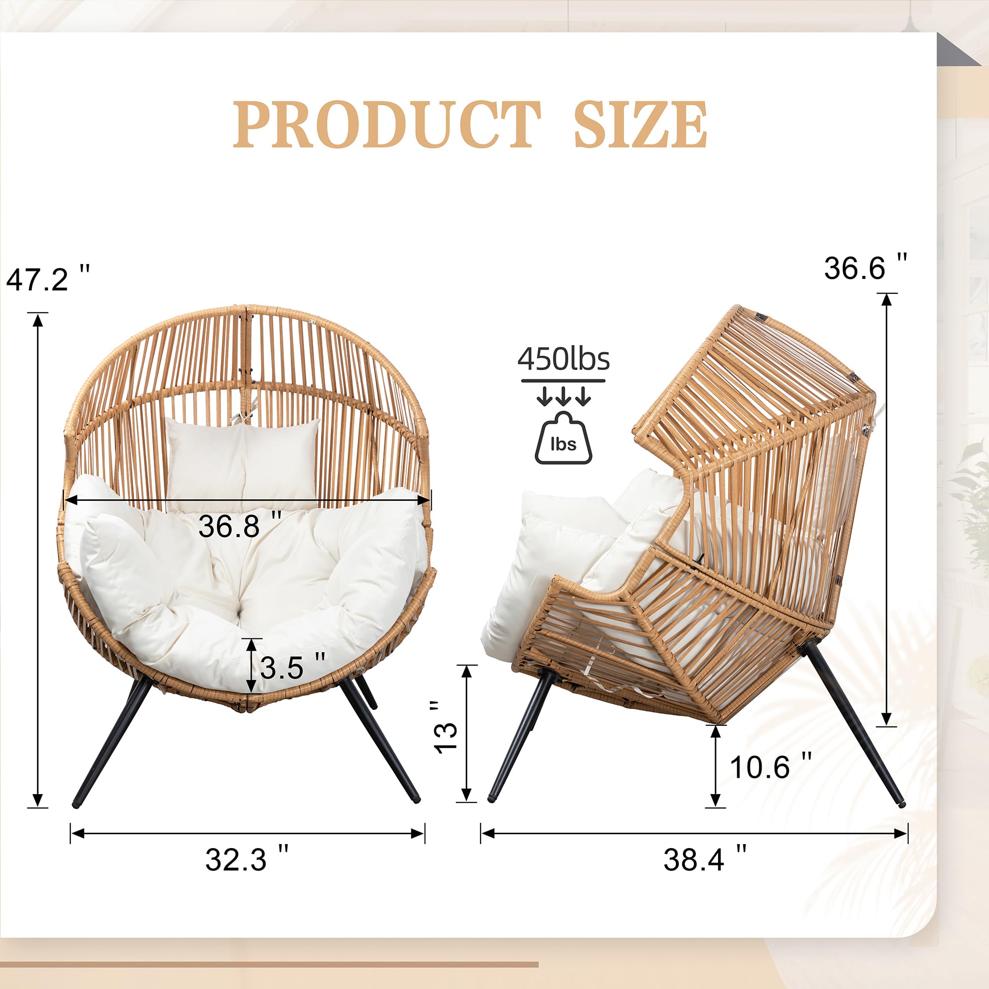 Vongrasig PE Rattan Egg Chair with Cushion - Oversized Wicker Hanging Chair for Patio, Garden, Balcony & Indoor Use - Comfortable Outdoor Lounge Chair in Beige - Perfect for Relaxing, Reading & Sunbathing