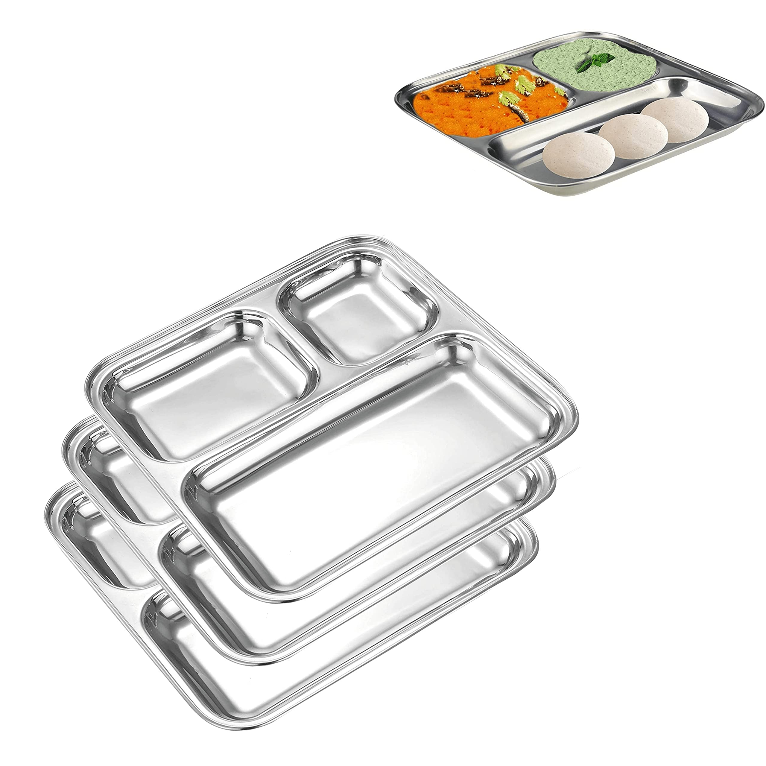 Stainless Steel Kids Plates 4-Pack - 3-Section Divided Portion Control Trays for Toddlers | Non-Toxic Metal Dinner Plates for Babies | Perfect for Camping, School Lunches & Family Meals