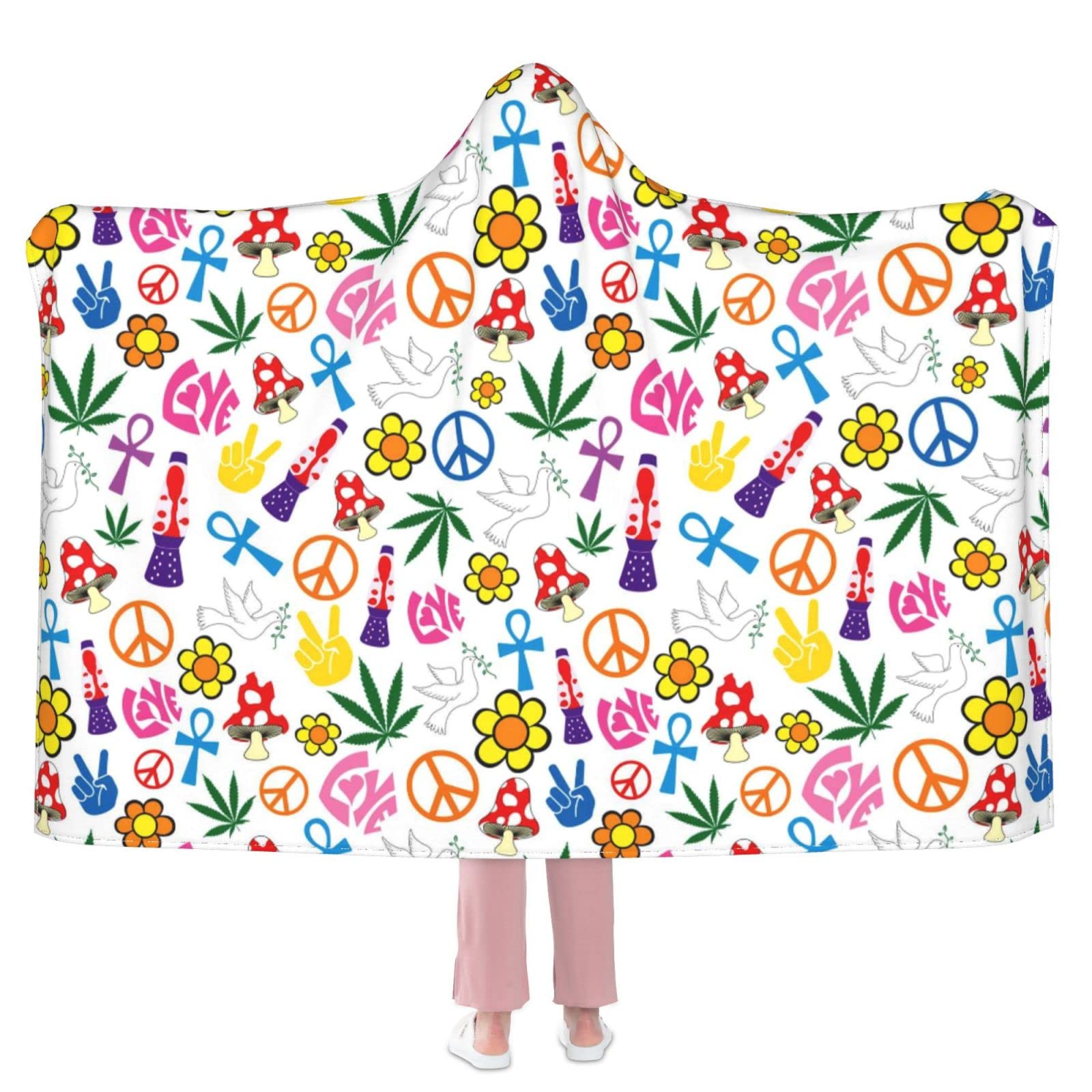 **Oversized Wearable Blanket Hoodie - 60x50 Inch Soft Fleece Hooded Throw for Travel, Lounge & Gifts - Trippy Hippie Mushroom Print - Perfect for Airplane, Sofa Decor & Cozy Gifts for Girlfriend**
