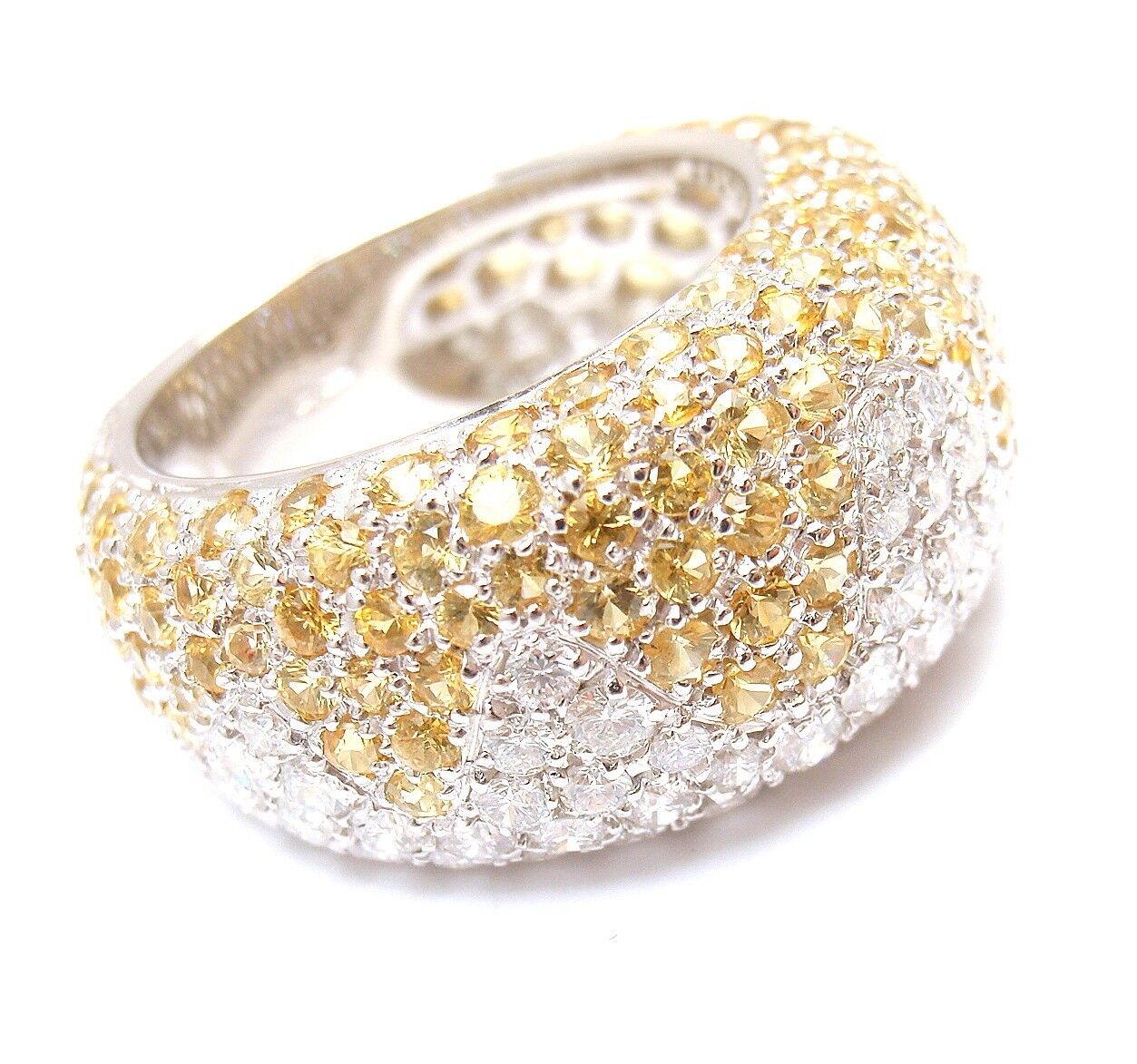 Authentic Chopard 18K White Gold Yellow Sapphire Diamond Wave Wide Band Ring for Women - Luxury Statement Jewelry for Weddings, Anniversaries & Special Occasions