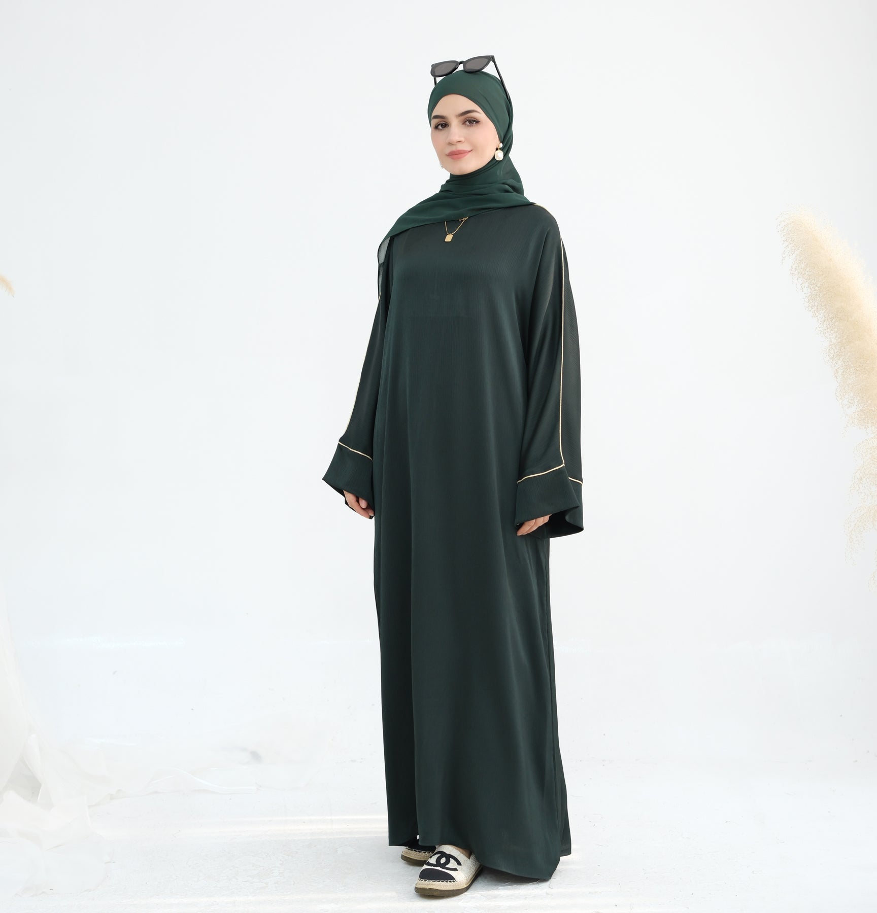 Stylish Ayana Textured Piping Detail Abaya Dress - Green | Modest Islamic Fashion for Women | Perfect for Prayer, Mosque & Special Occasions