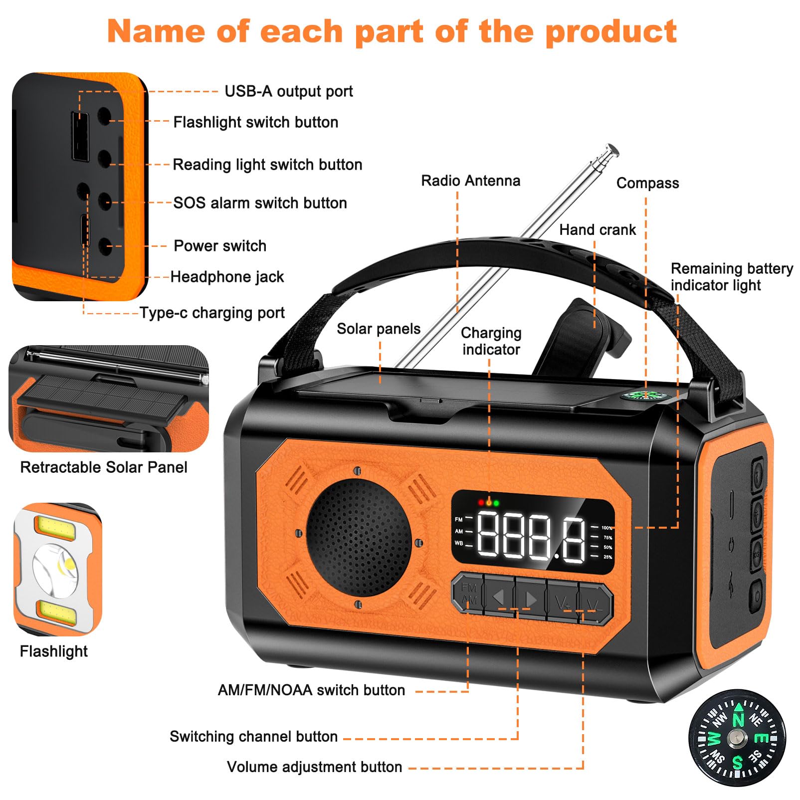 44400mWh/12000mAh Emergency Survival Radio - Solar Hand Crank AM/FM/NOAA Weather Radio with 2 Solar Panels, 3 Charging Methods, SOS Alarm, Flashlight, Phone Charger, Compass & Reading Lamp - Perfect for Camping, Hiking, Power Outages and Emergency Preparedness