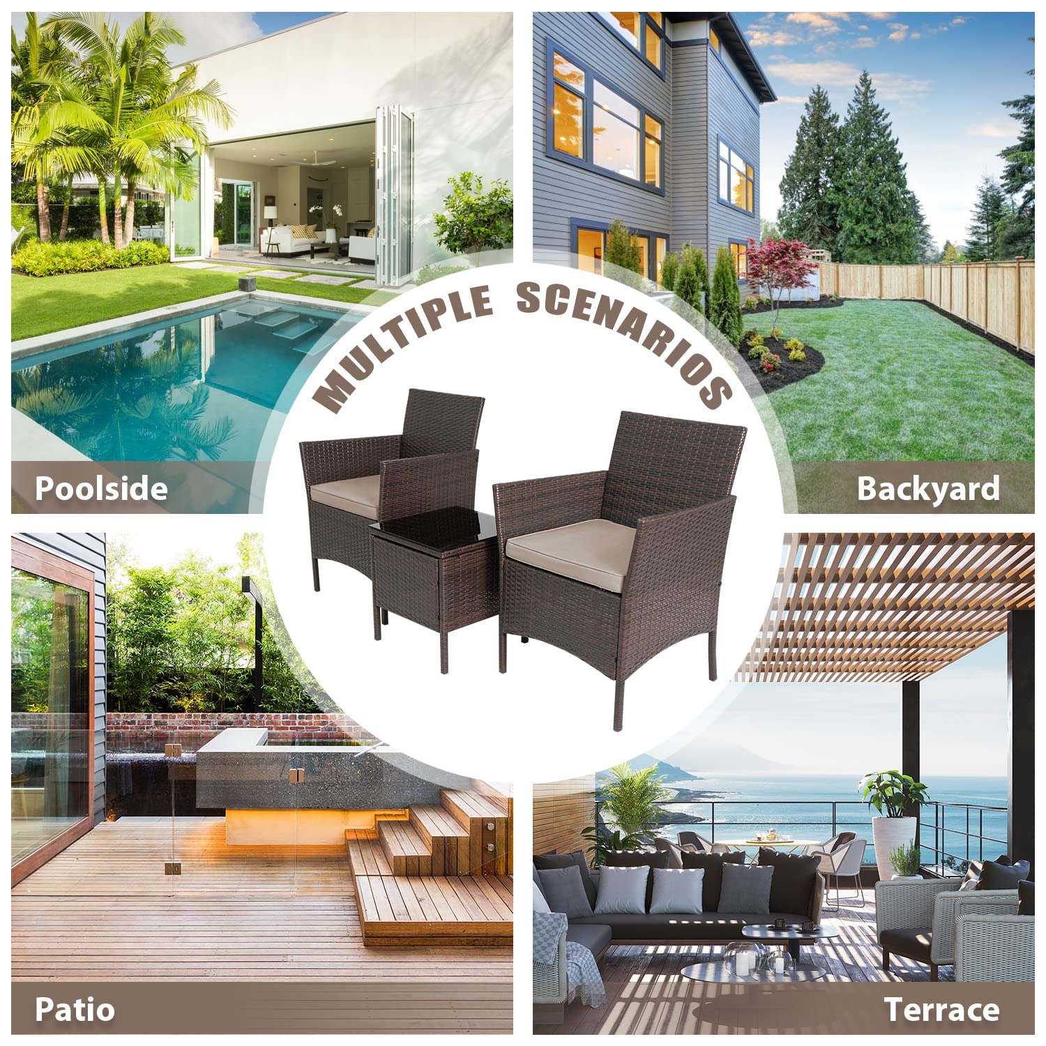 3-Piece Outdoor Wicker Bistro Set - Patio Conversation Furniture with 2 PE Rattan Chairs, 2 Cushions & Coffee Table - Perfect for Garden, Yard, Porch or Balcony Relaxation & Entertaining