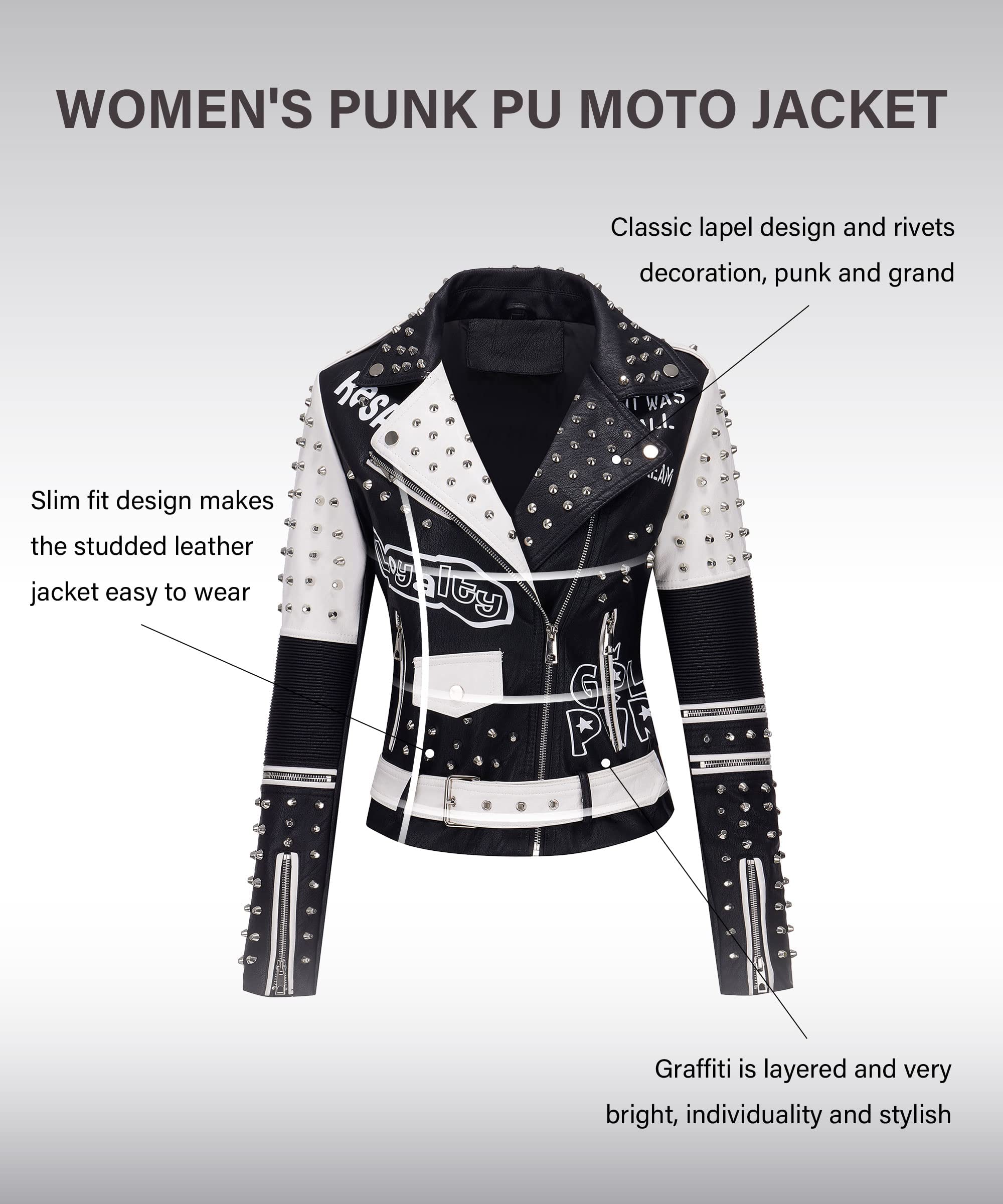 RISISSIDA Women's Faux Leather Jacket with Studs & Rivets - Trendy Moto Biker Jacket for Spring, Fall & Winter - Fashionable Streetwear with Belt for Casual Outings, Nightlife & Urban Style