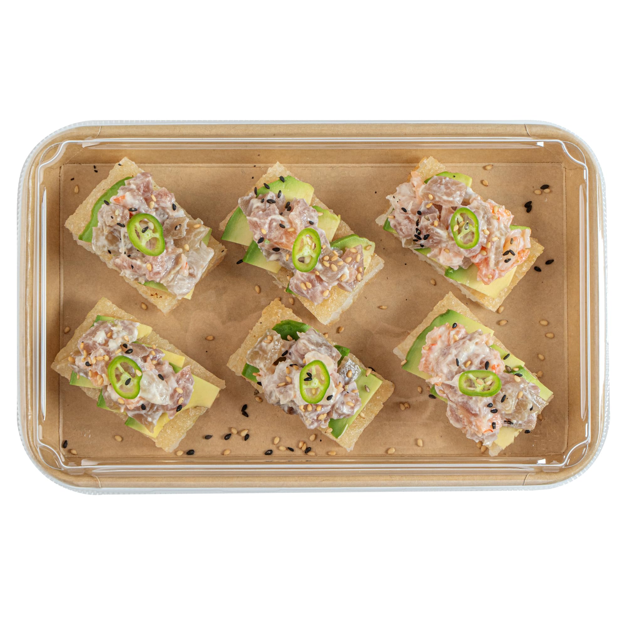Matsuri Vision 8.8 x 5.5 x 1.2 Inch Clear Plastic Dome Lids for Sushi Containers - 50 Pack Airtight No-Fog Lids (Containers Sold Separately) - Perfect for Sushi Restaurants, Catering & Takeout Boxes