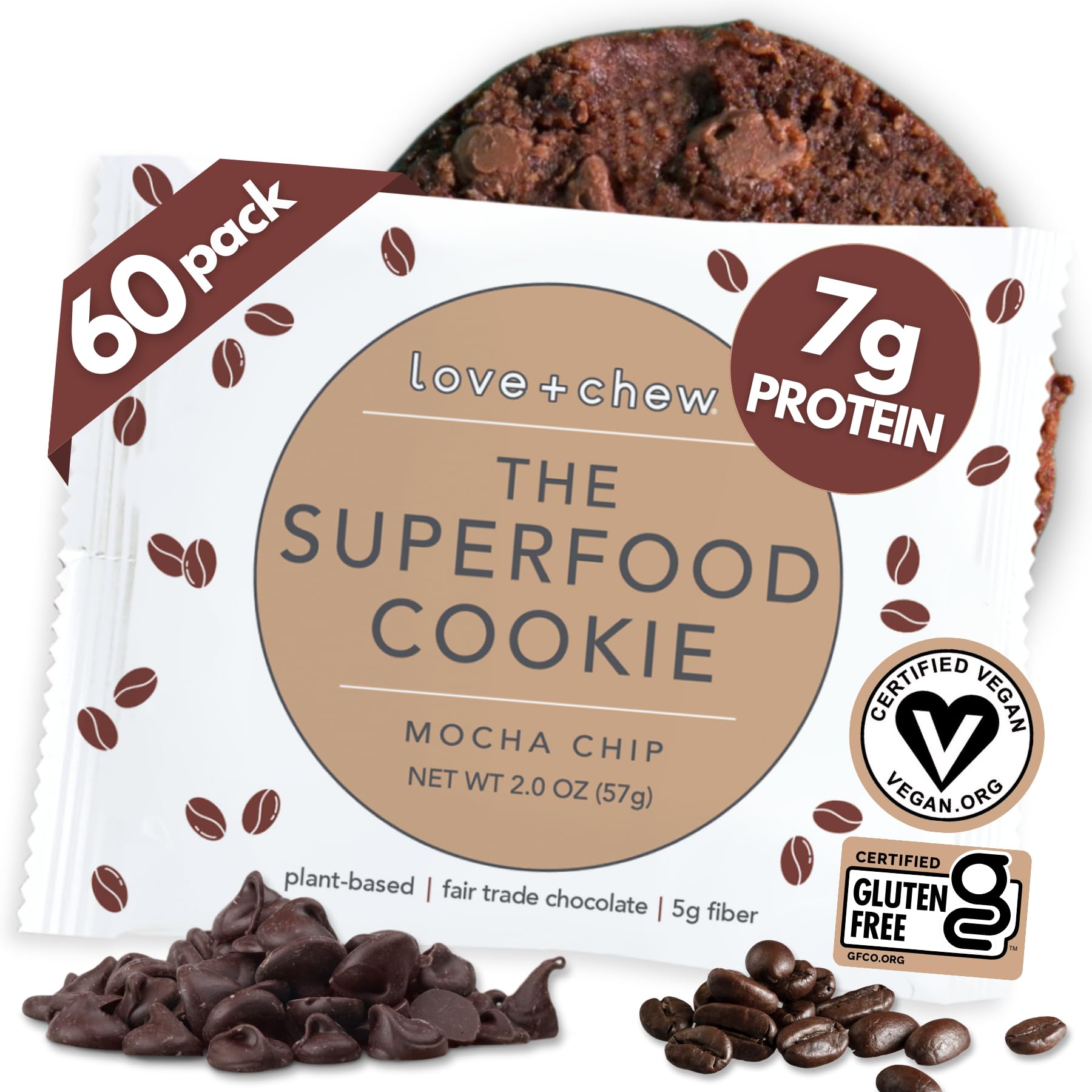 Love + Chew Gluten-Free Vegan Mocha Chip Cookies - High Protein Almond Snacks, Paleo & Non-GMO - Individually Wrapped, Soft Baked (2oz Each, 60 Count Bulk Box) - Perfect for Office Snacks, School Lunches & Healthy On-the-Go Treats