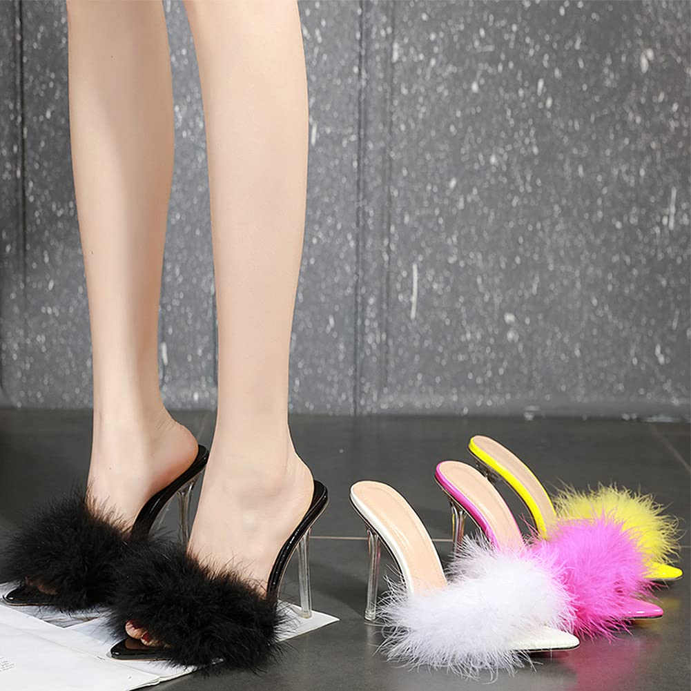 YIBLBOX Women's Fluffy Feather Open Toe Stiletto Slippers - Soft Plush Slide Sandals for Indoor/Outdoor Comfort, Lounge & Spa Wear
