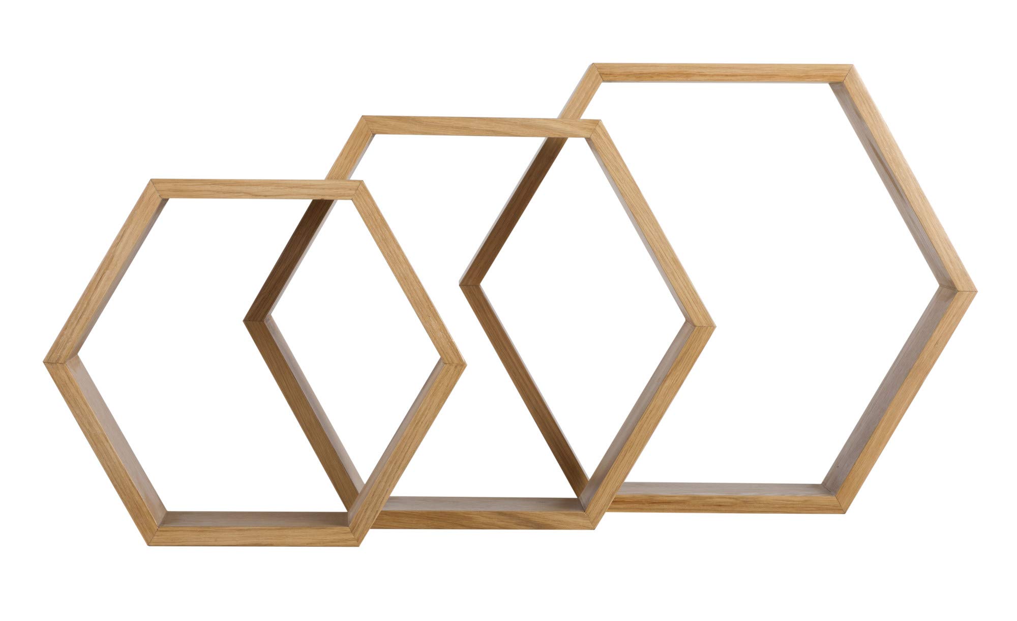 Hexagon Floating Shelves Set of 3 - Honeycomb Wall Shelves Small Medium Large - Farmhouse Wooden Wall Decor for Living Room, Bedroom, Hallway - Oak Storage Shelves - Perfect for Displaying Photos, Plants and Home Decor