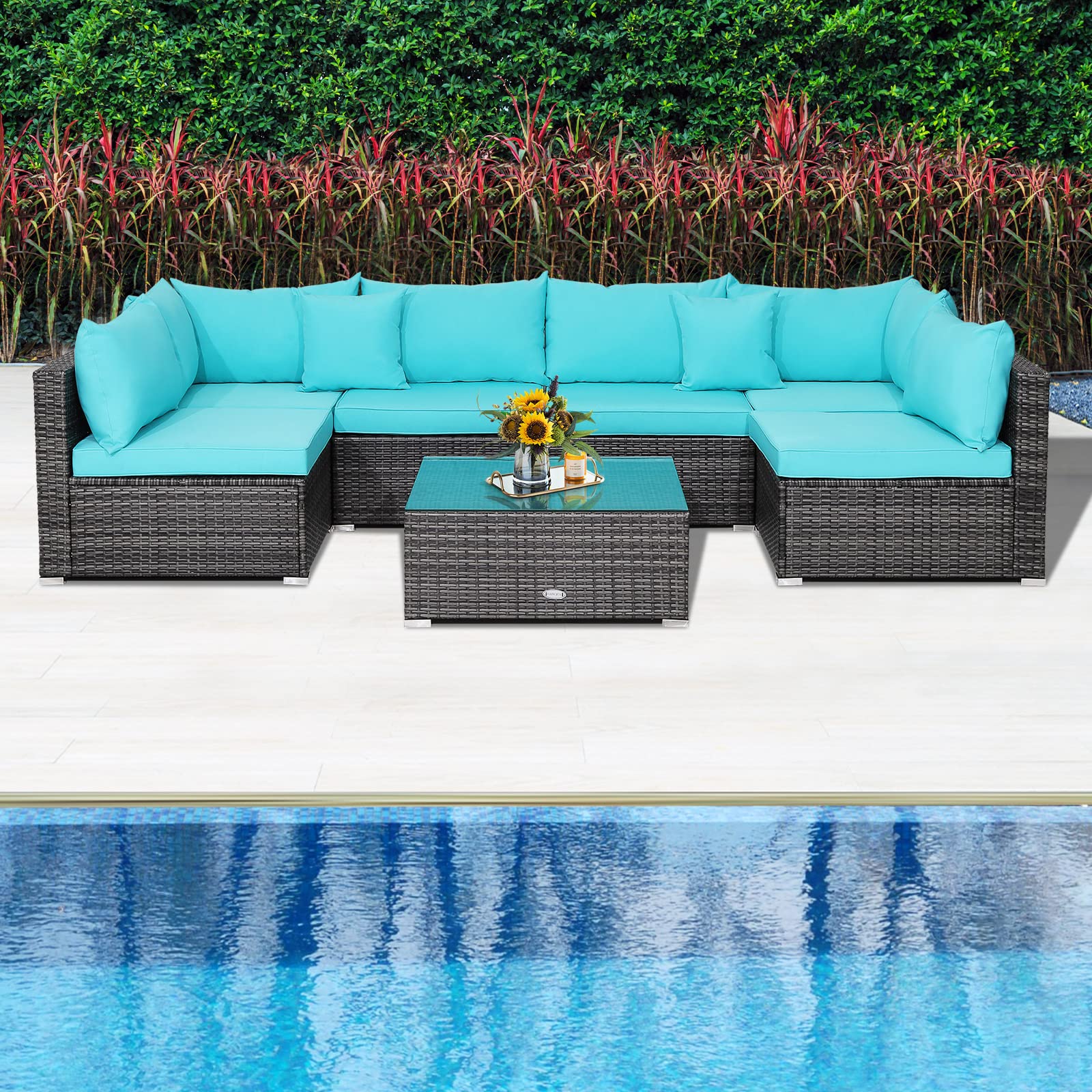 **Tangkula 7-Piece All-Weather Outdoor Patio Furniture Set - Rattan Sectional Sofa with Cushions & Tempered Glass Coffee Table - Perfect for Garden, Lawn, Backyard, Poolside (Turquoise Blue)**