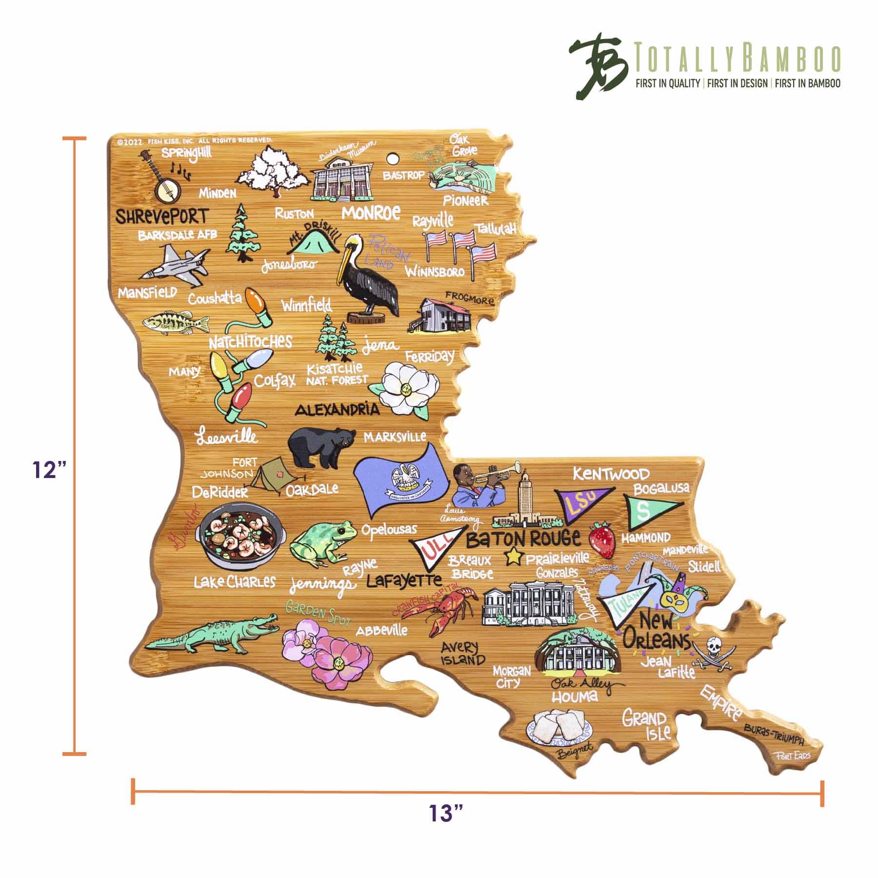 Louisiana Themed Wooden Cutting Board with Fish Kiss™ Artwork - Durable Kitchen Chopping Board for Meat, Vegetables & Fruits - Perfect for Home Cooking, BBQ & Gift Giving