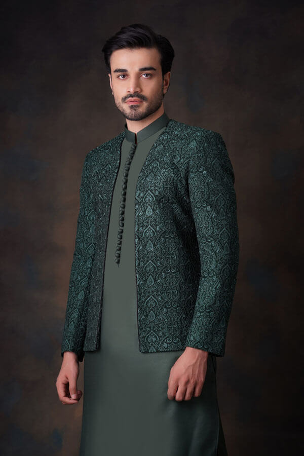Emerald Green Resham Embroidered Prince Jacket for Men | Elegant Indian Wedding Sherwani | Traditional Formal Attire for Groom, Party & Festive Occasions