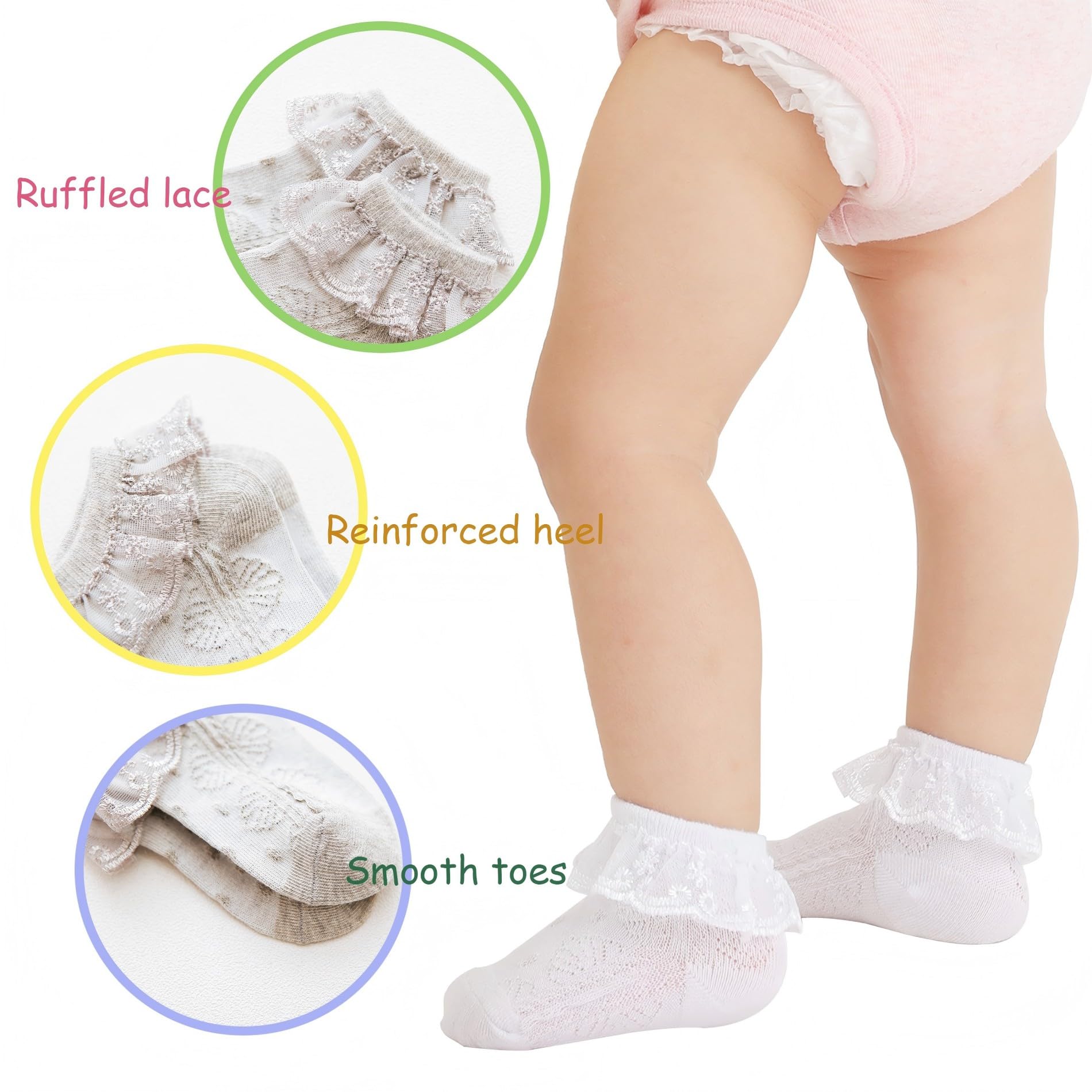 Adorable Baby Girls Ruffle Eyelet Lace Socks - Soft White Frilly Dress Socks for Newborns & Infants - Perfect for Special Occasions, Photo Shoots & Everyday Outfits