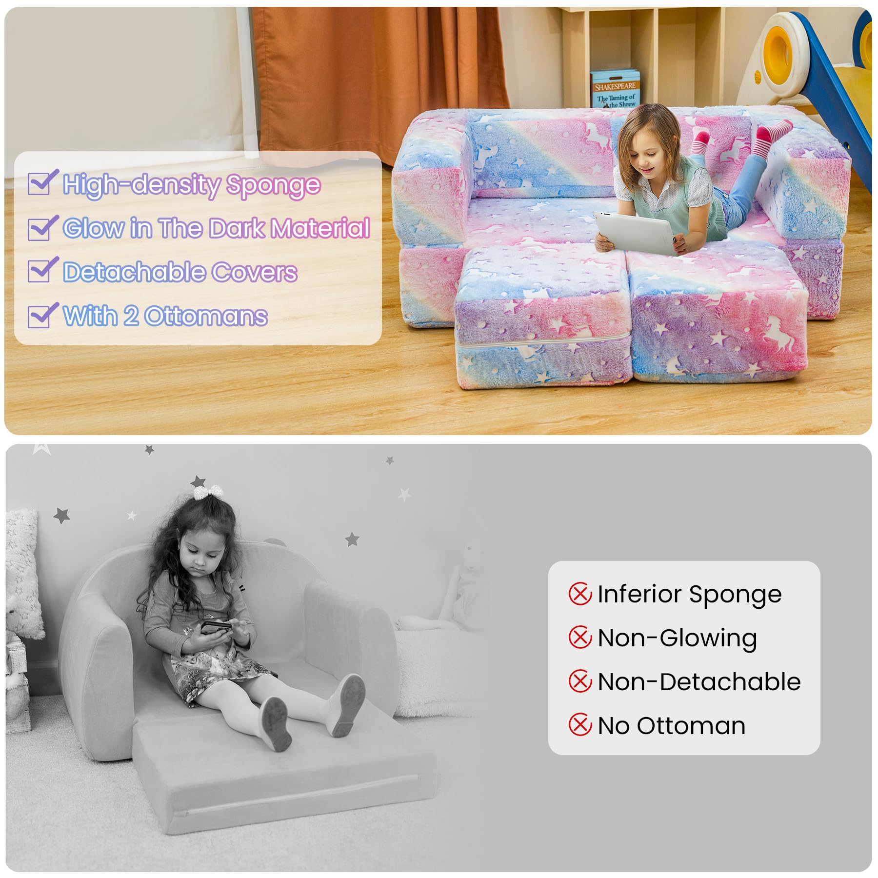 Glow in The Dark Modular Kids Play Couch - Convertible Toddler Sofa with Foldable Foam Cushions for Playroom & Bedroom | Rainbow Unicorn Design | Perfect for Indoor Playtime, Sleepovers & Reading Nooks