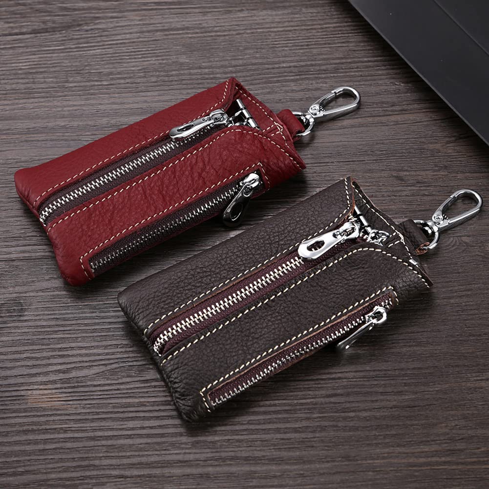 Genuine Leather Car Key Holder Bag with Zipper & 6 Hooks - Smart Key Fob Protector Cover for Car Keys (Coffee Color) | Organize Keys, Protect Key Fobs & Prevent Scratches - Perfect for Daily Use, Travel & Keychain Gifts