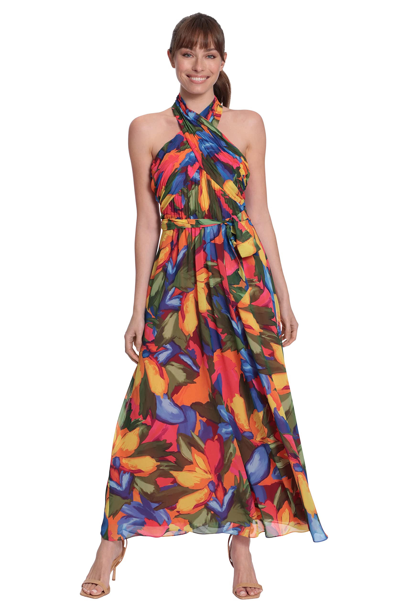 London Times Women's Elegant Twist Neck Halter Maxi Dress - Summer Beach Wedding Party Cocktail Dress for Vacation & Special Occasions