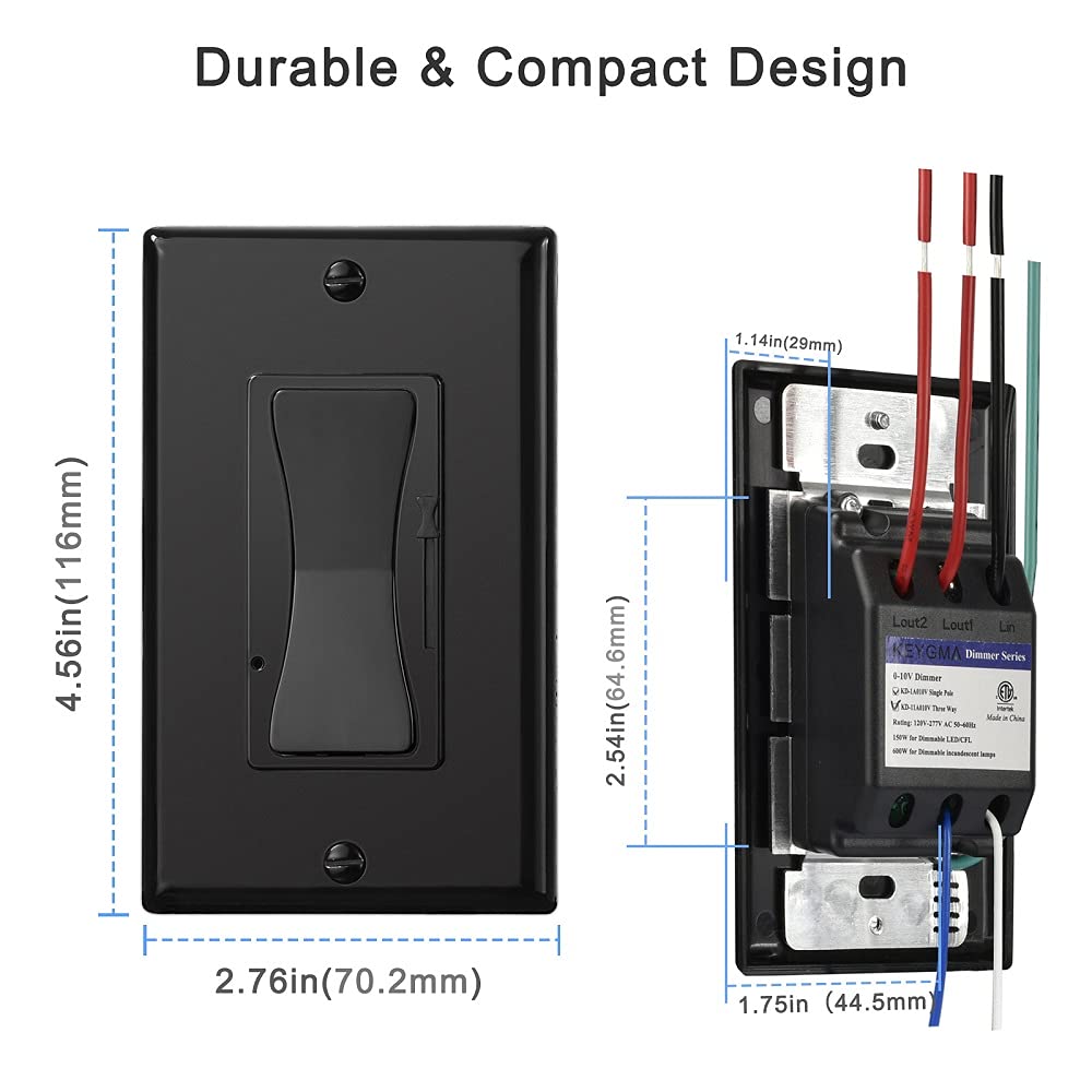 0-10V LED Dimmer Switch - Black Single Pole/3-Way Compatible with LED, Halogen & Incandescent Bulbs (Includes Wall Plate) - ETL Certified for Home, Office & Commercial Lighting Control