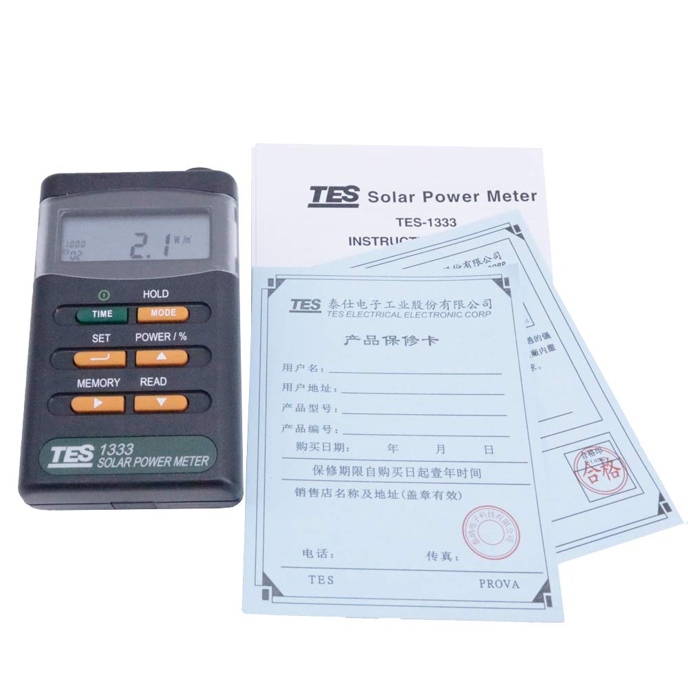TES-1333 Digital Solar Power Meter - 2000W/m2 Solar Radiation Detector with 400-1100nm Spectral Range | Perfect for Solar Panel Testing, Renewable Energy Research & Outdoor Solar Measurement