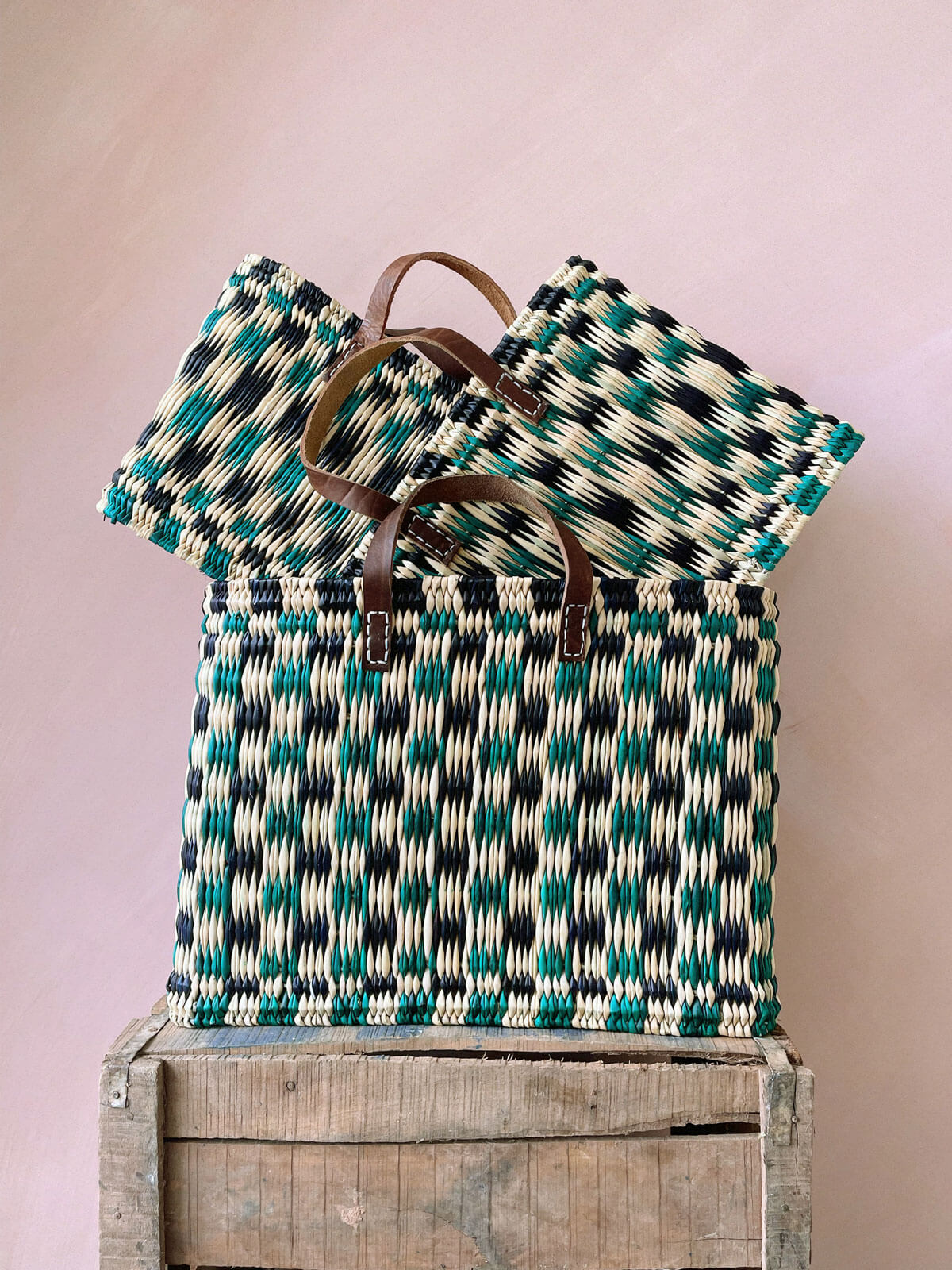 Handwoven Checkered Reed Storage Basket - Indigo & Green - Perfect for Home Organization, Laundry, and Farmhouse Decor