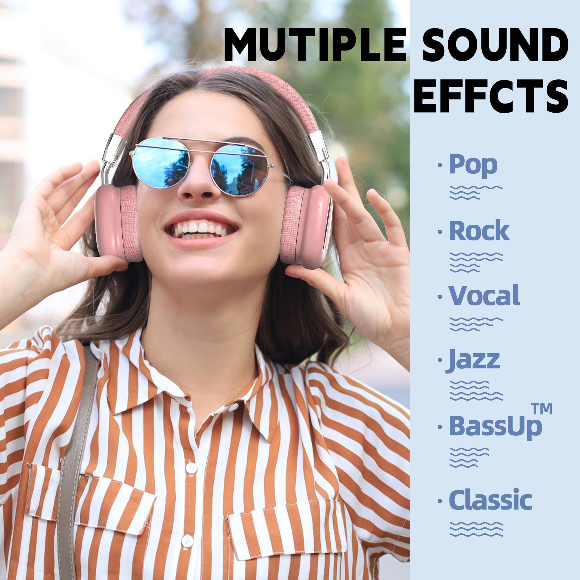 Wireless Bluetooth Over-Ear Headphones with Mic - Foldable, Lightweight Design, Wired Option - Stereo Sound for Phone, PC, Laptop - Soft Earmuffs for Comfortable Long Wear (Pink) | Perfect for Travel, Workouts, Office & Gaming