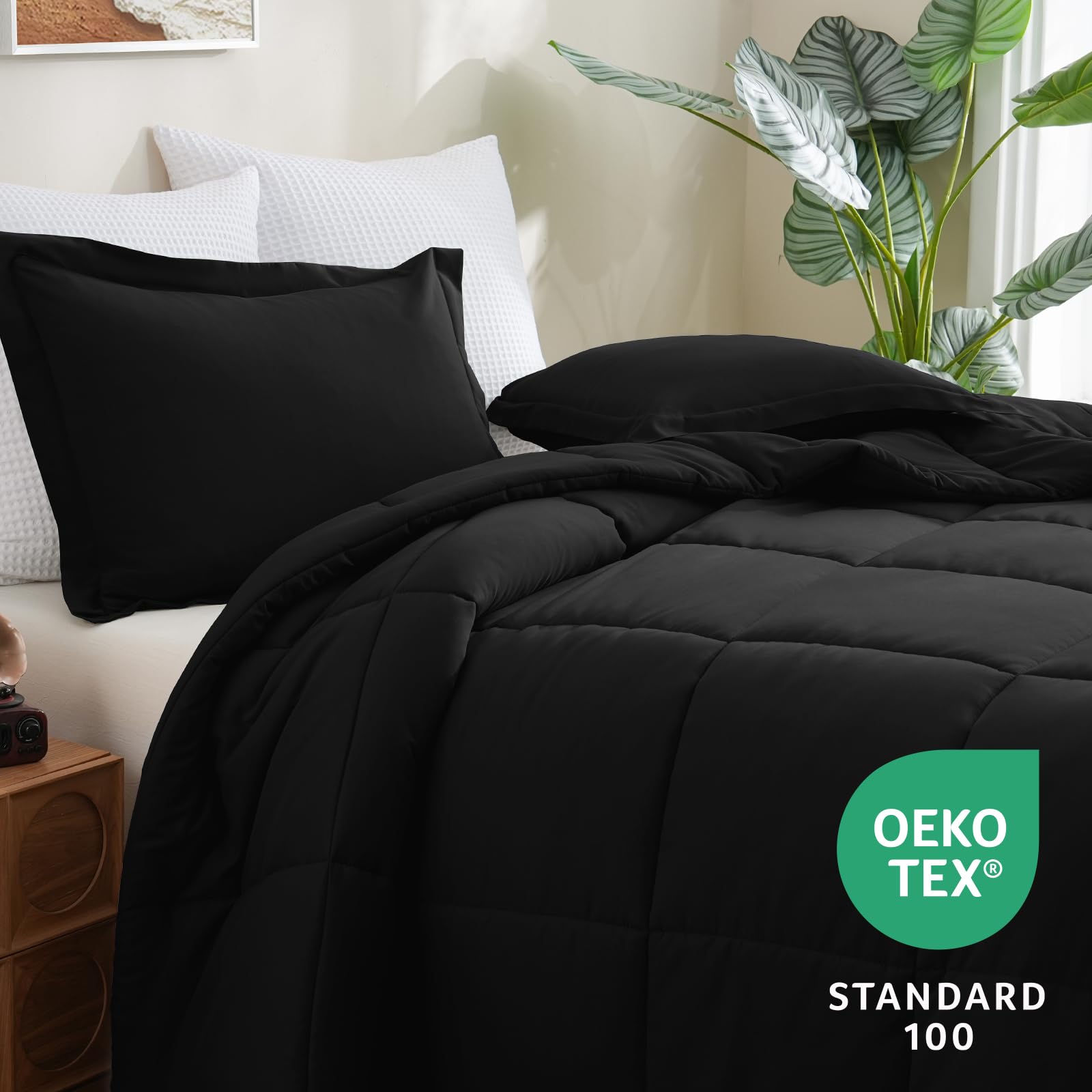 CozyLux Queen Comforter Set Black - 3 Piece Box Stitched Bedding Set, Soft All-Season Lightweight Down Alternative Comforter with 2 Pillow Shams | Perfect for Master Bedroom, Guest Room & Dorm Decor