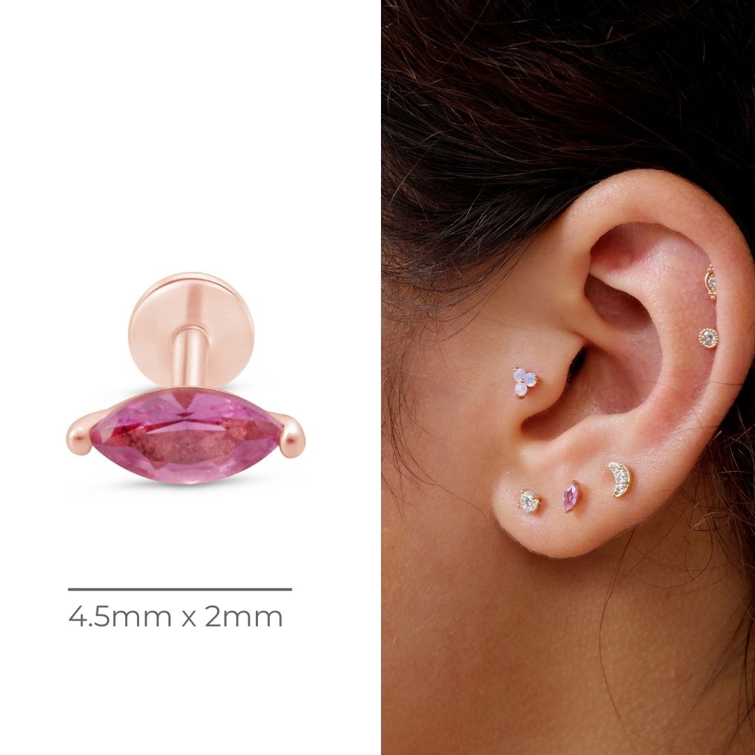 14k Rose Gold Marquise Pink Tourmaline Stud Earrings - Dainty Flat Back Earrings for Women, Perfect for Everyday Wear & Special Occasions