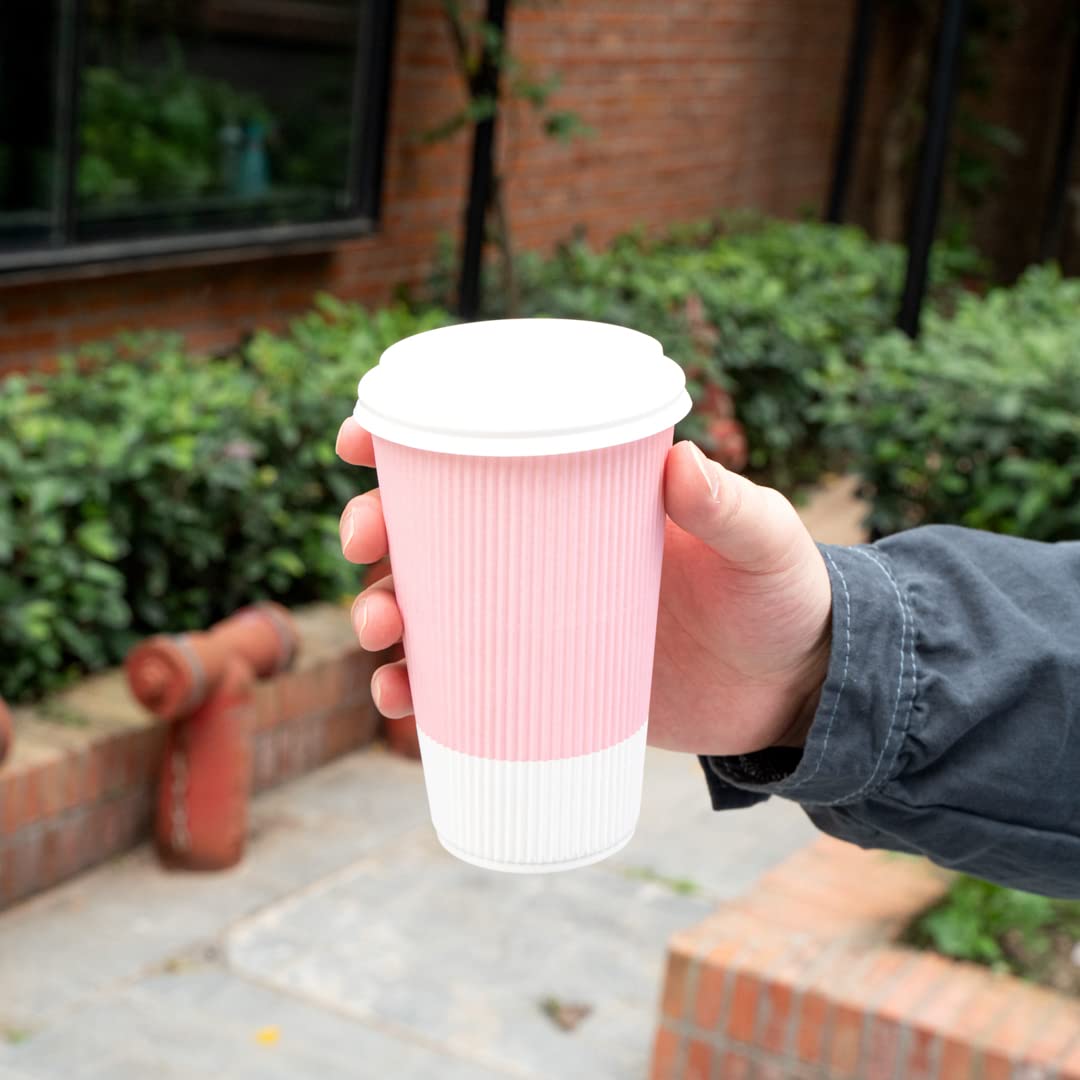 16oz Disposable Paper Coffee Cups - 25 Pack Leakproof Ripple Wall Hot Cups, Recyclable & Insulated Light Pink - Perfect for Coffee Shops, Offices & Catering Events - Lids Sold Separately